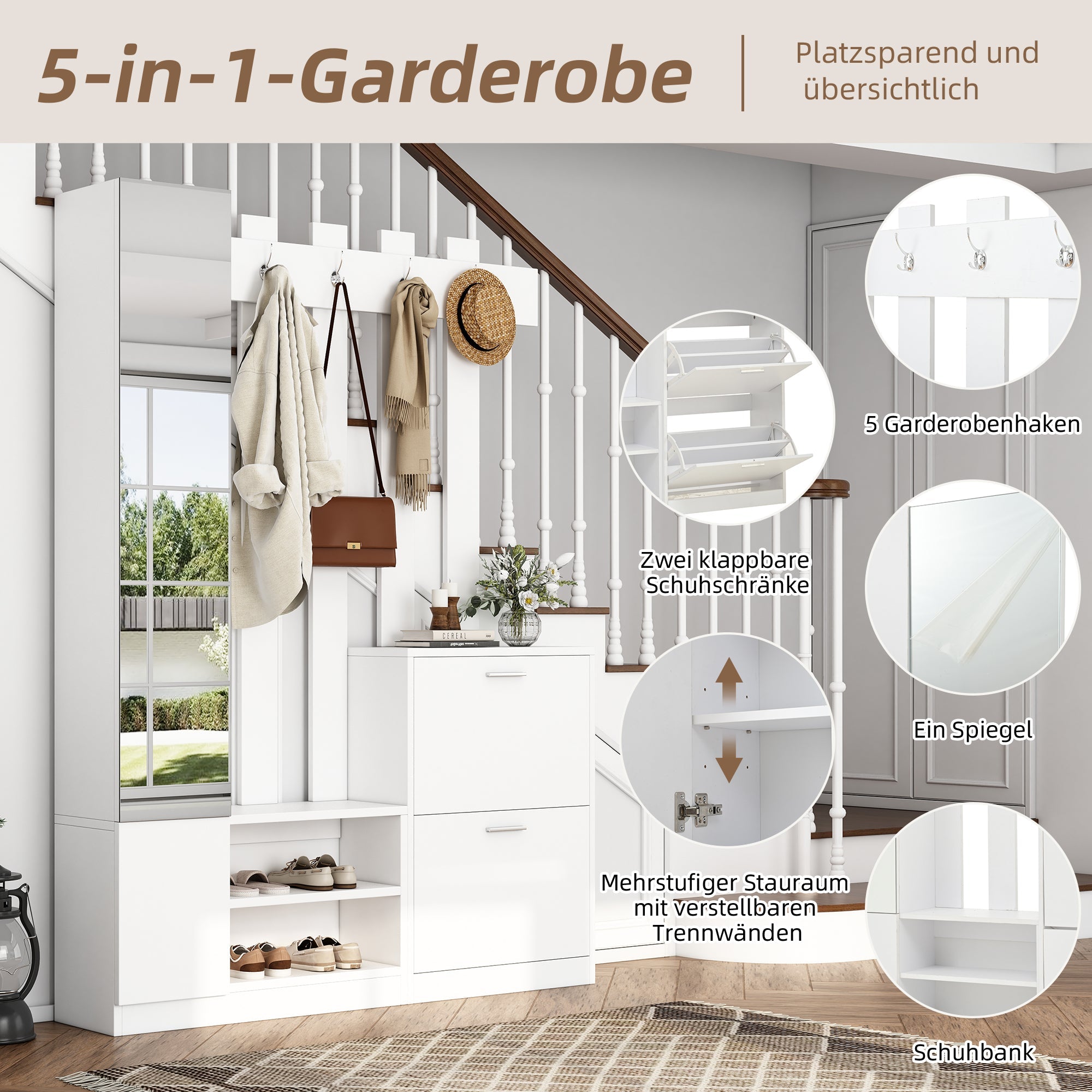 Wardrobe Set 135x25x180cm Mirror Shoe Cabinets Storage - White