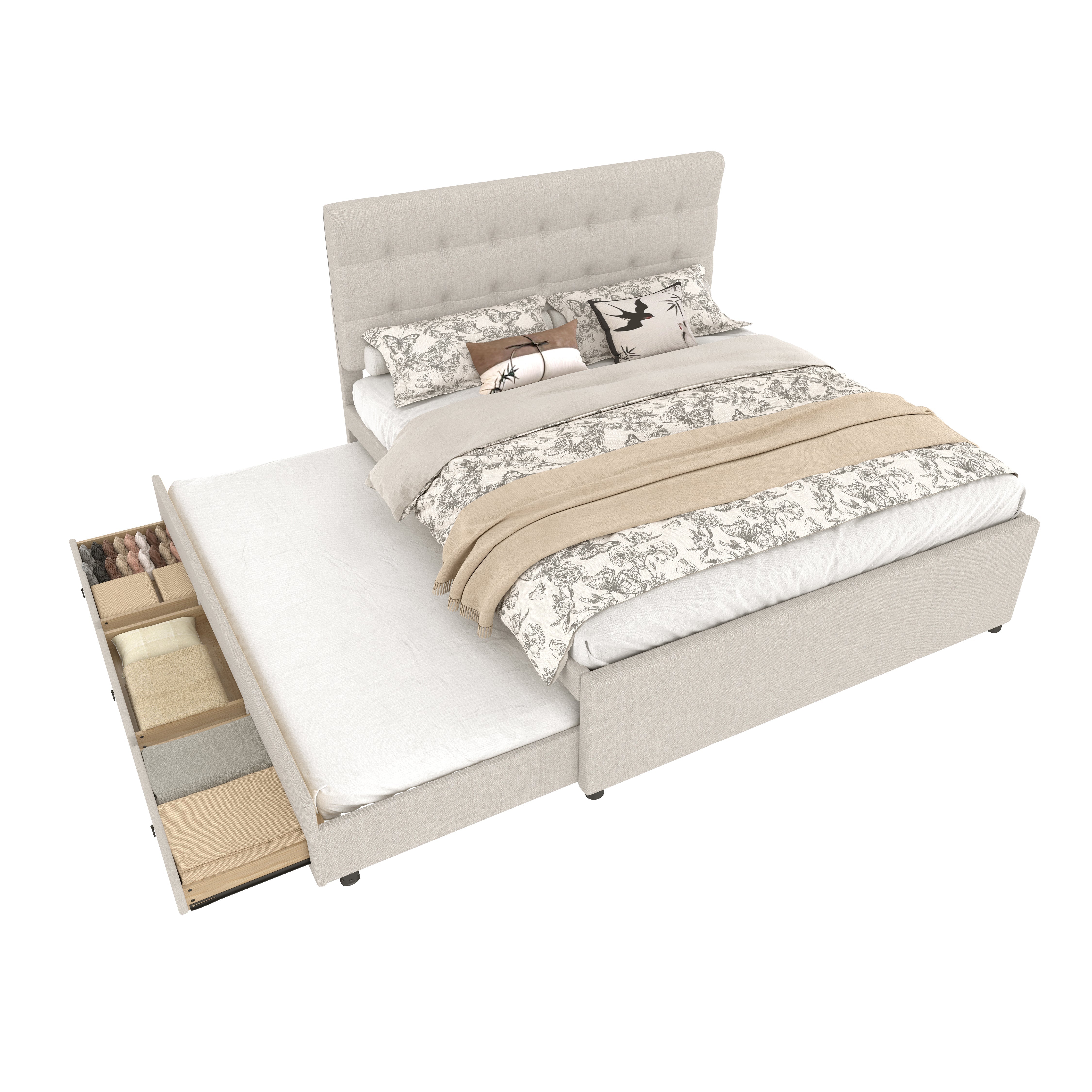 Upholstered Bed 140x200cm Extendable 3 Drawers Adjustable Headboard - Beige