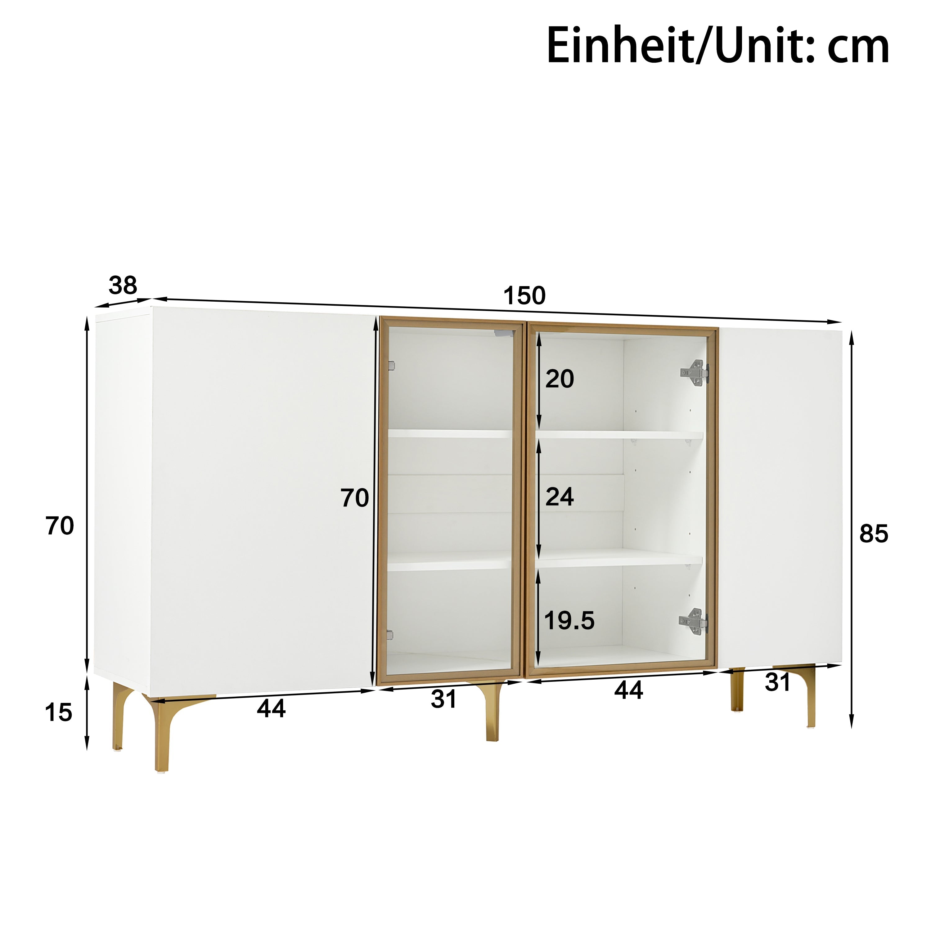 Sideboard, 4-Door with Glass & Metal, Handleless, White