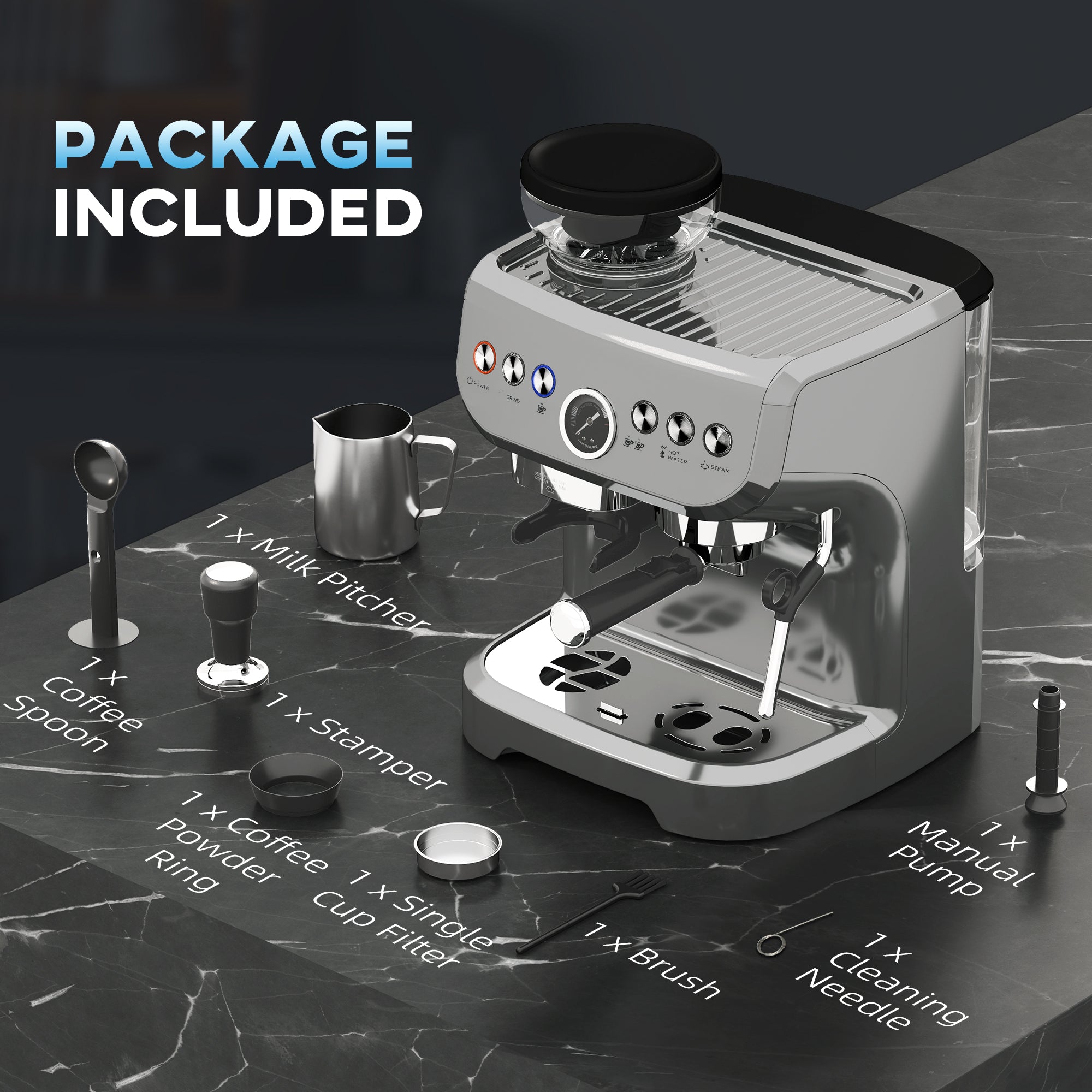 15 Bar Coffee Machine, Adjustable Grind Steamer, Silver