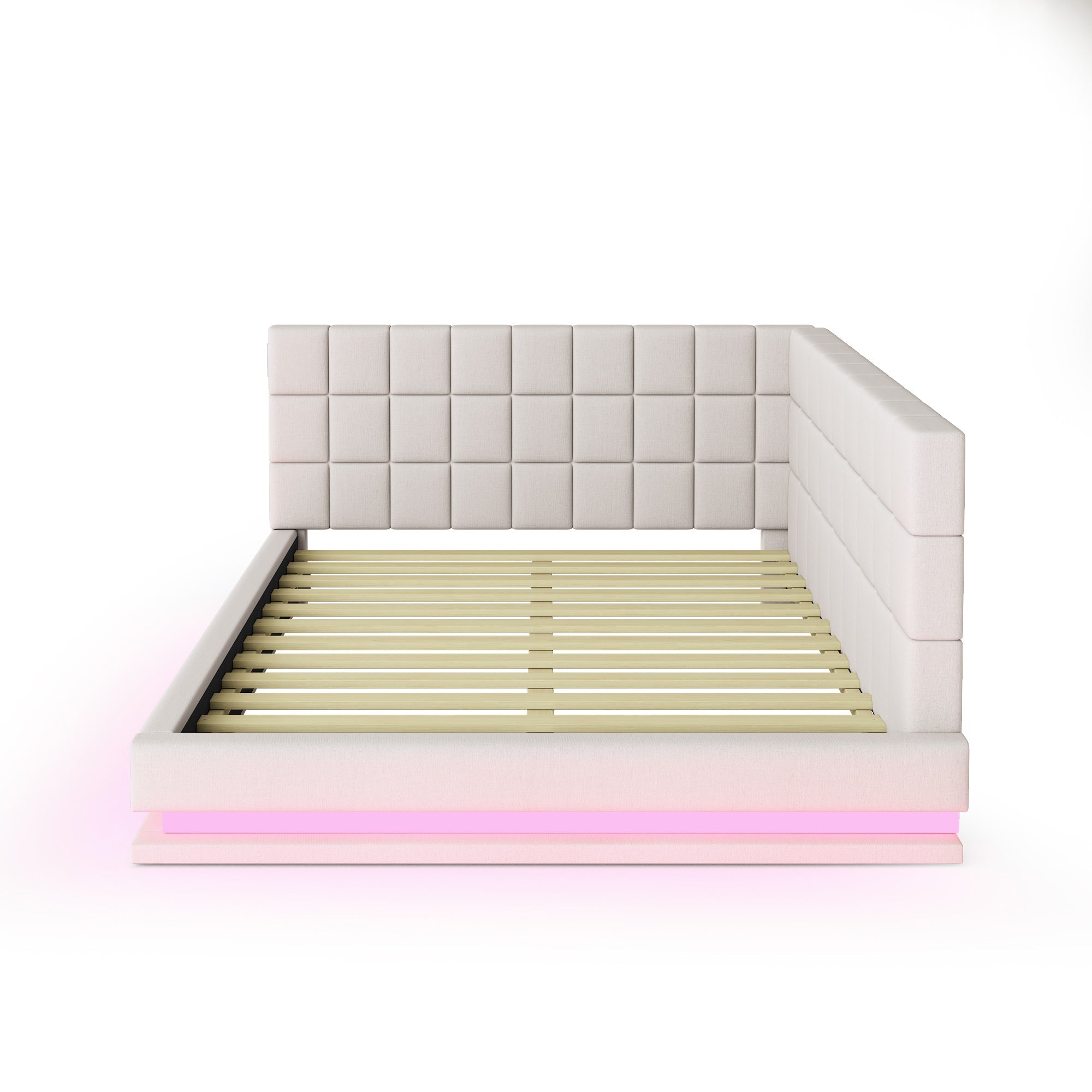 Upholstered Sofa Bed 160x200cm Multifunctional LED USB Slatted Frame - Velvet Beige