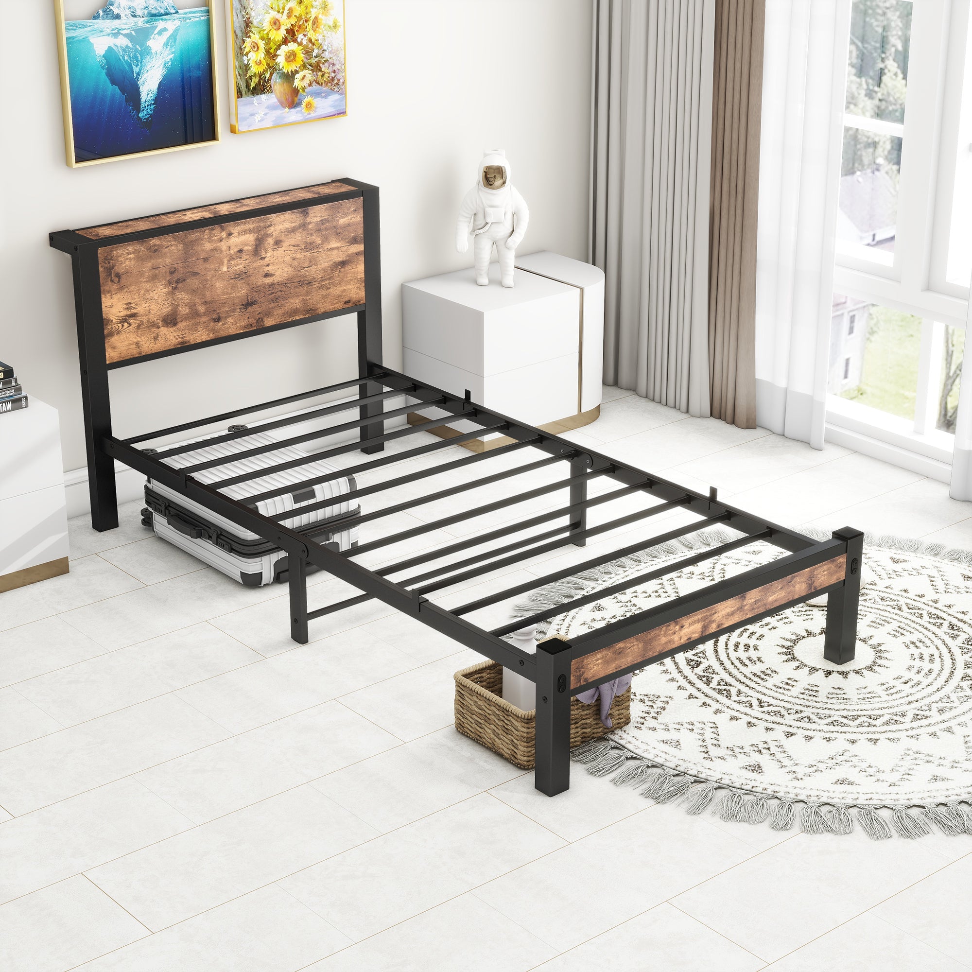 Metal Frame Single Bed, 90x200 cm with Storage Space, Vintage Brown