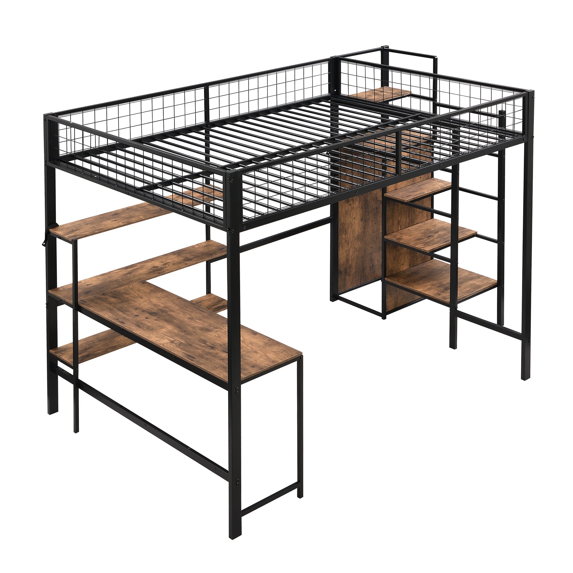 Loft Bed 140x200cm Iron Frame with Storage Ladder Shelves Wardrobe Desk Black