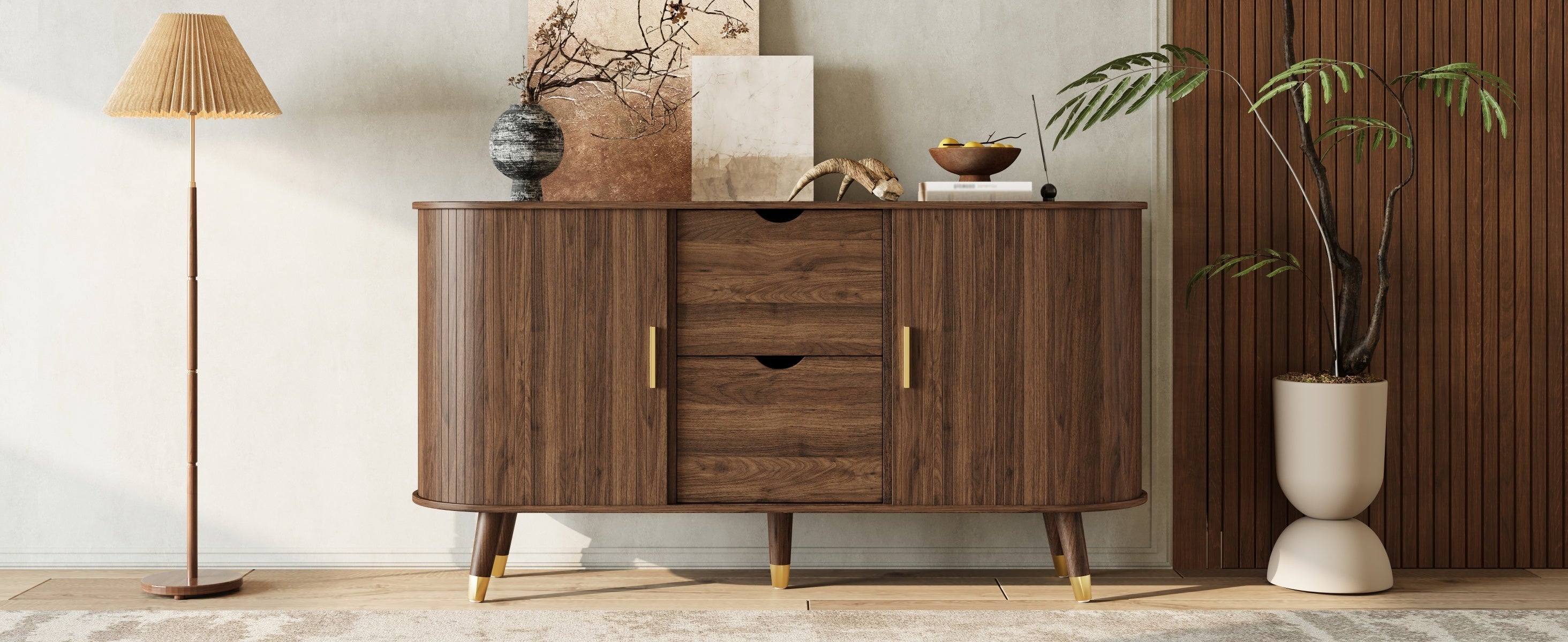 Sideboard with Sliding Doors, Drawers and Rounded Corners, Solid Wood Legs