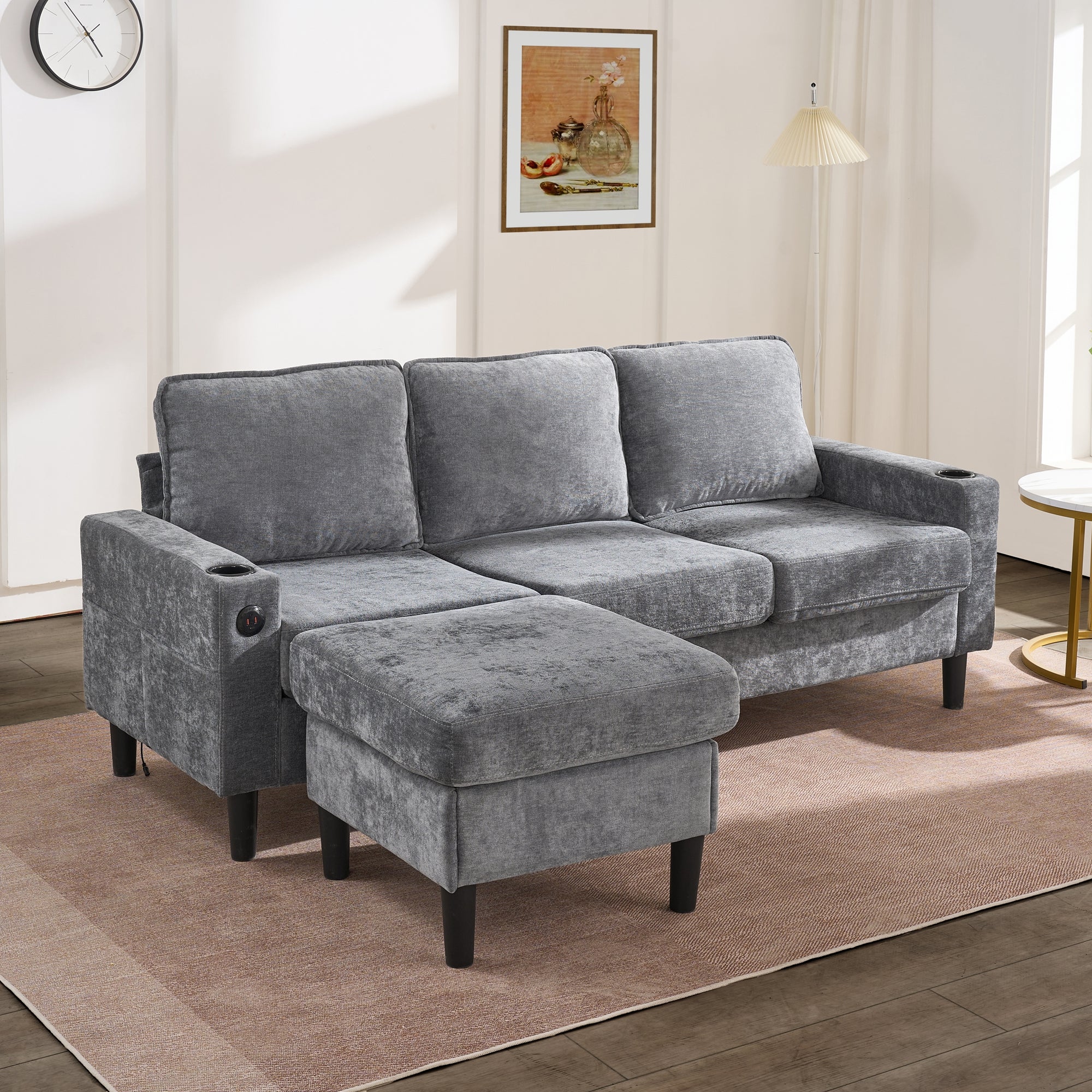 L-shaped Sleeper Sofa 3-Seater USB Type-C Cup Holders, Grey Linen