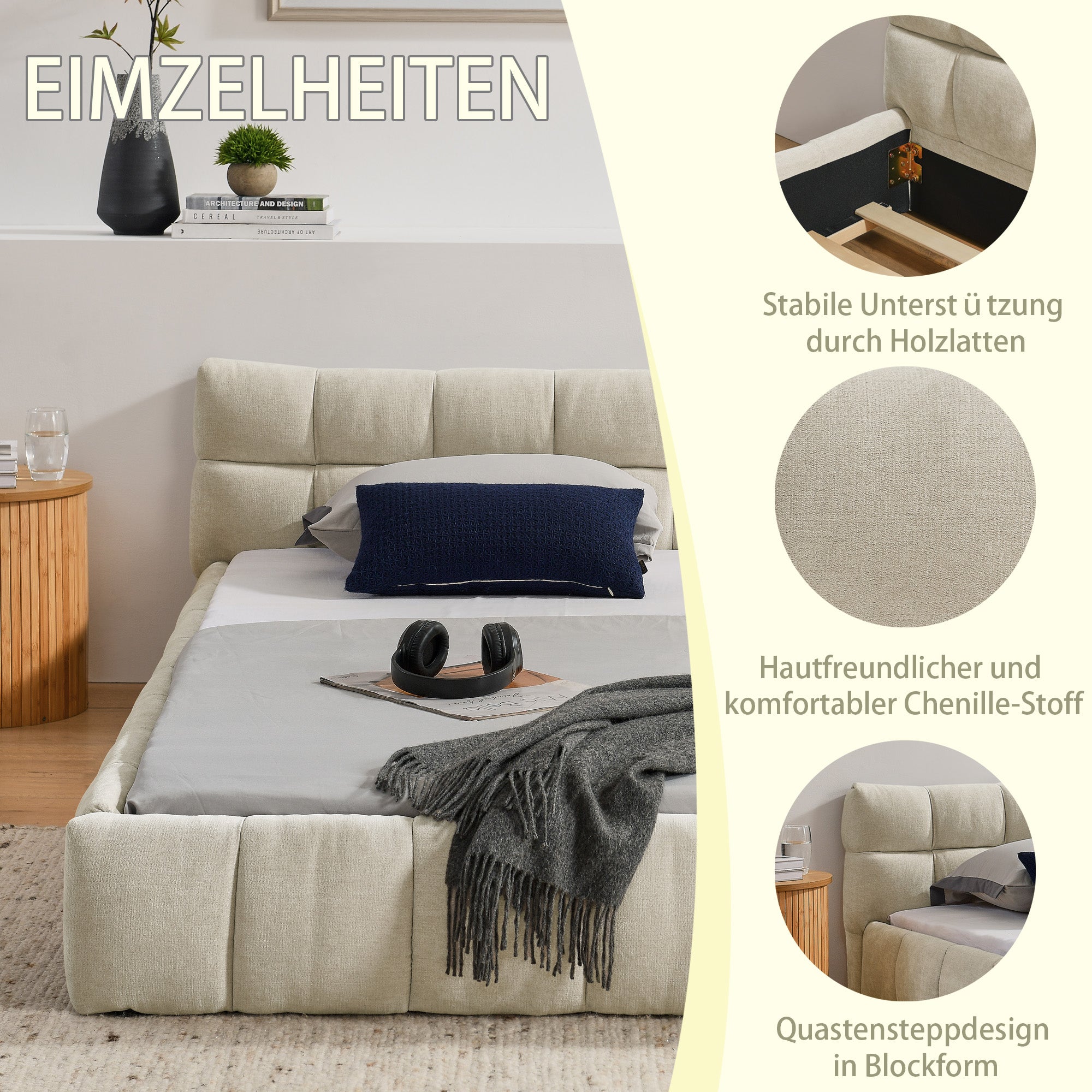 Single Bed 90x200cm Eucalyptus Wood Frame, Chenille Beige
