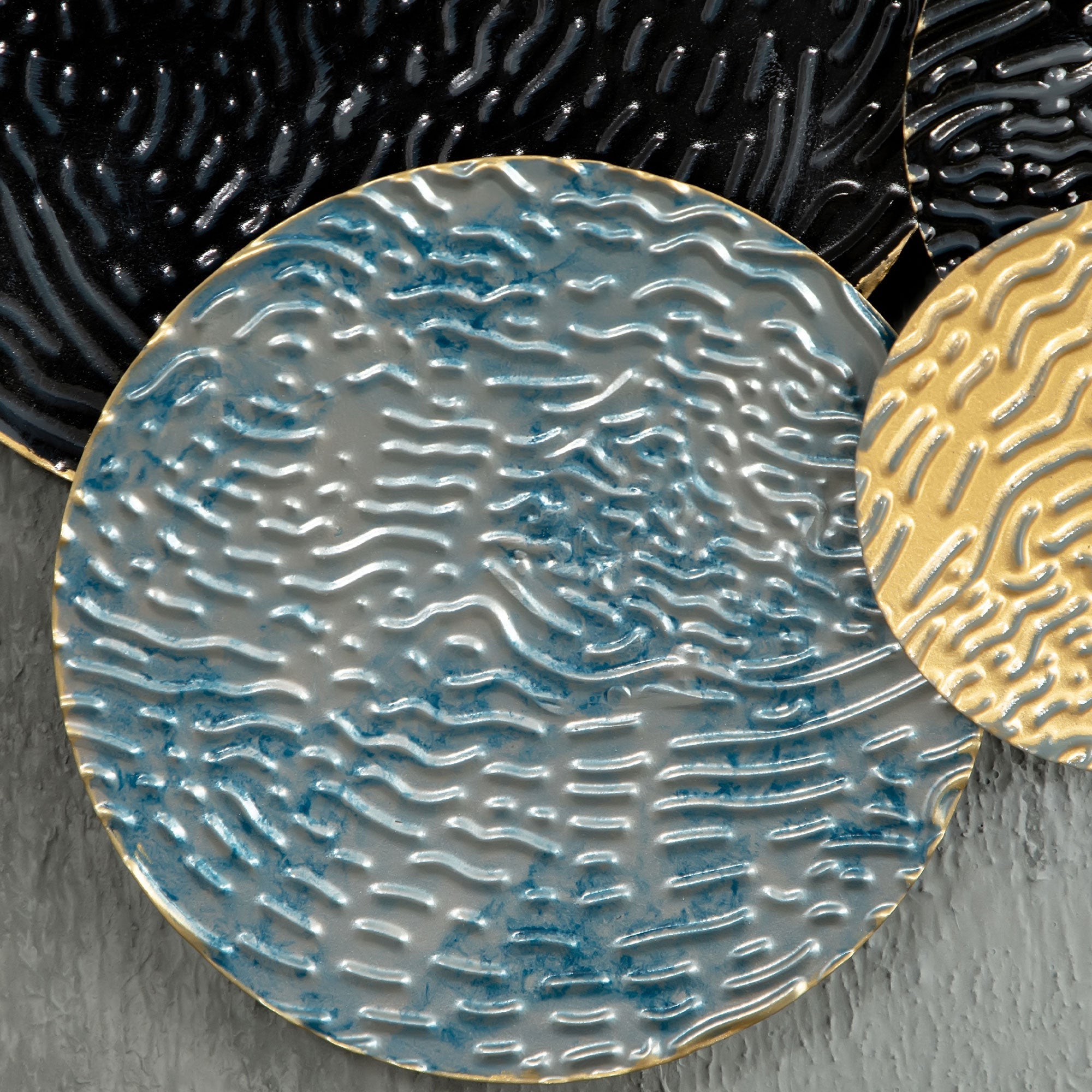 3D-Wandkunst, moderne Skulptur, 121x53cm, Gold Schwarz Blau Metall