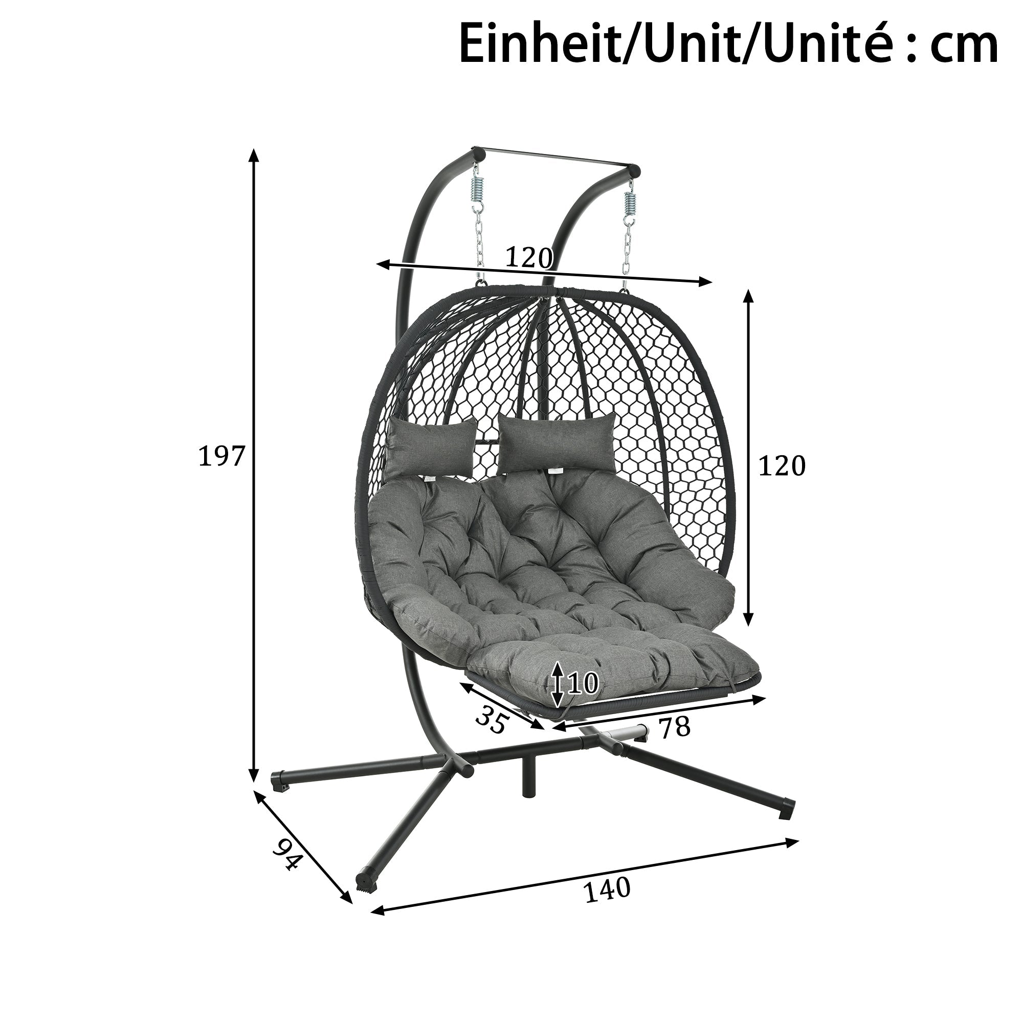 Double Egg-Shaped Hanging Chair with Stand, Seat Cushion, Pillow and Footrest, Grey Metal