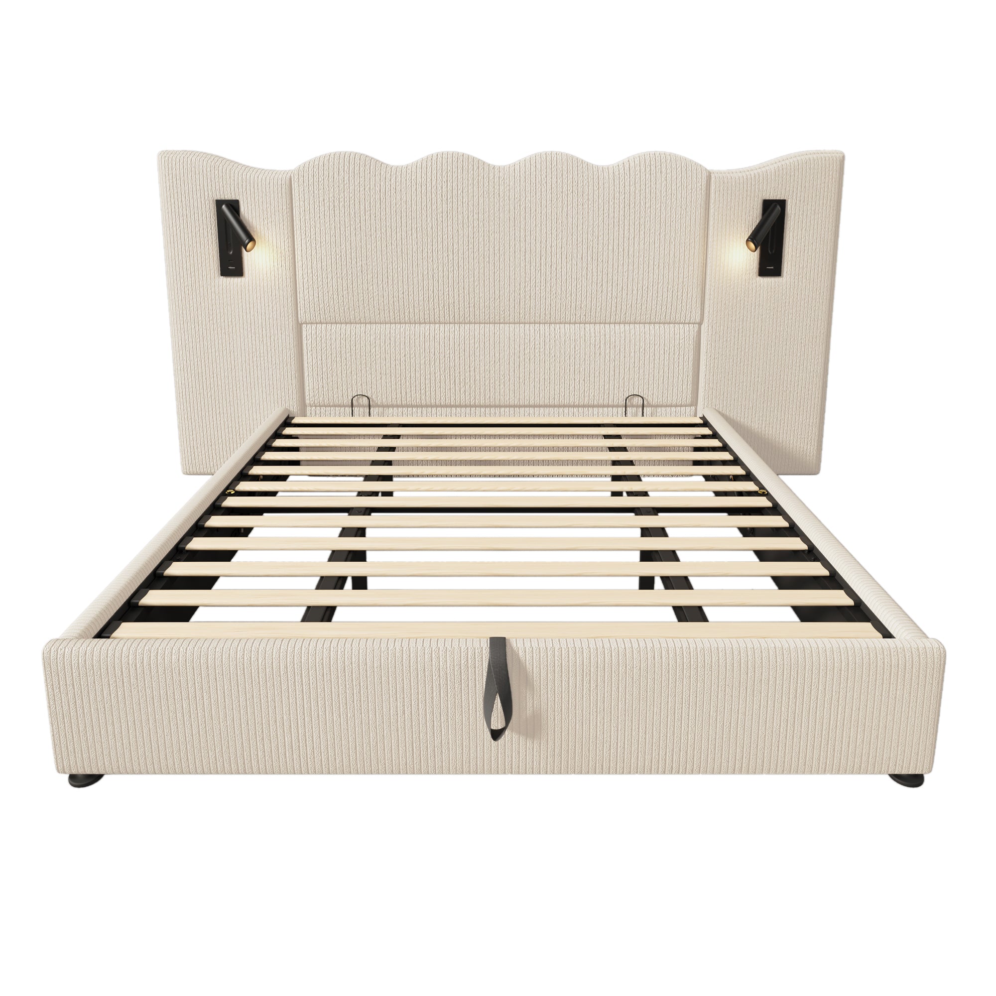 Upholstered Double Bed 180x200 with Reading Lamp and USB-C, Storage Bed Frame, Beige-White Corduroy