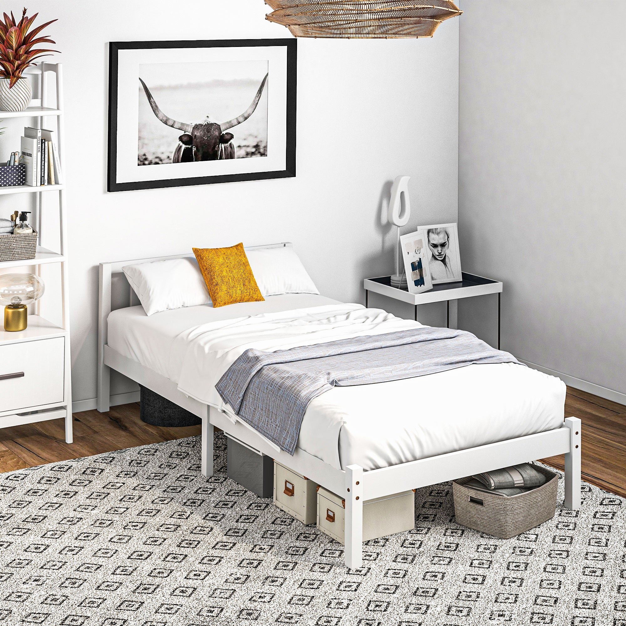 Wooden Bed Frame 208x96cm Slatted Base Headboard, White