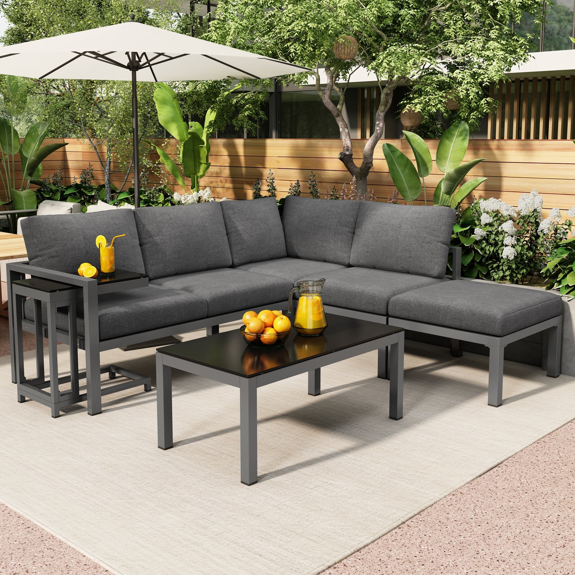 Garden Lounge Set Corner Chairs 4-5 Seater Side & Coffee Table 5-Piece - Grey