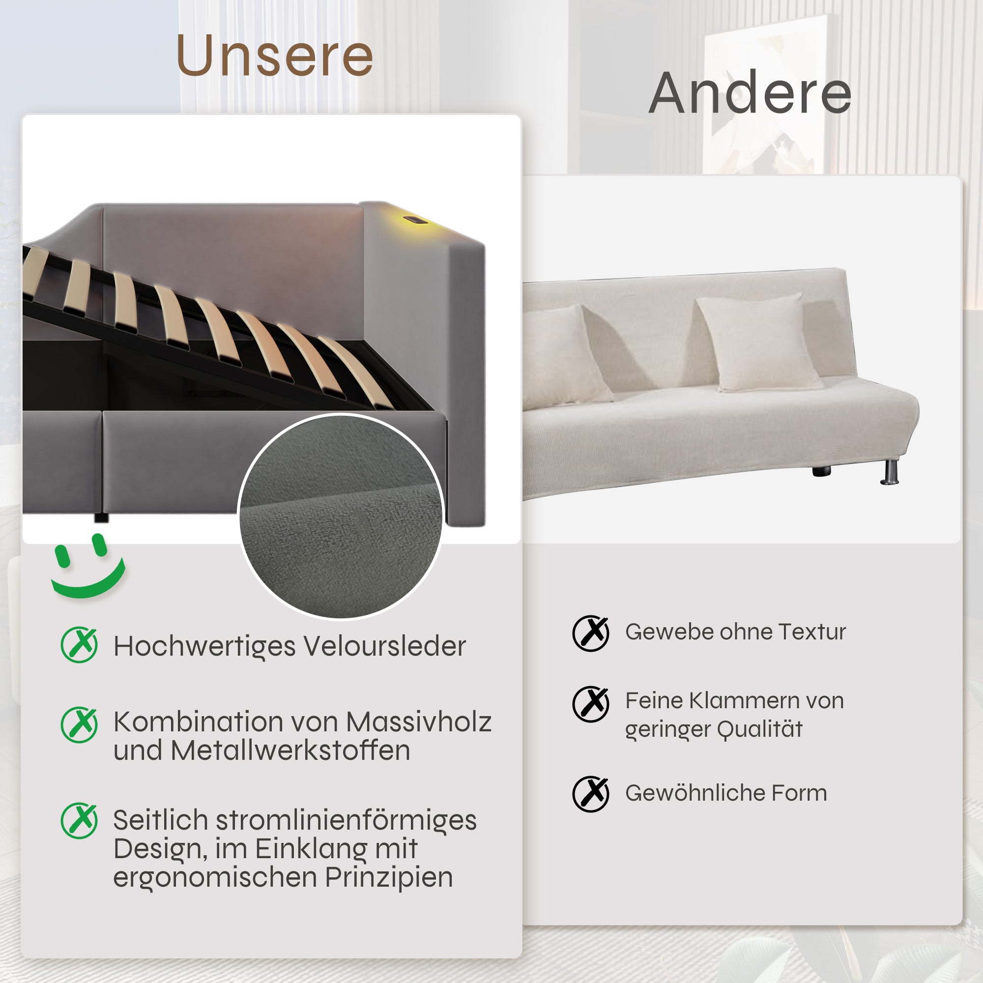 Upholstered Daybed 90x190cm, Sofa Bed with Hydraulic Storage & USB-C, Velvet Grey