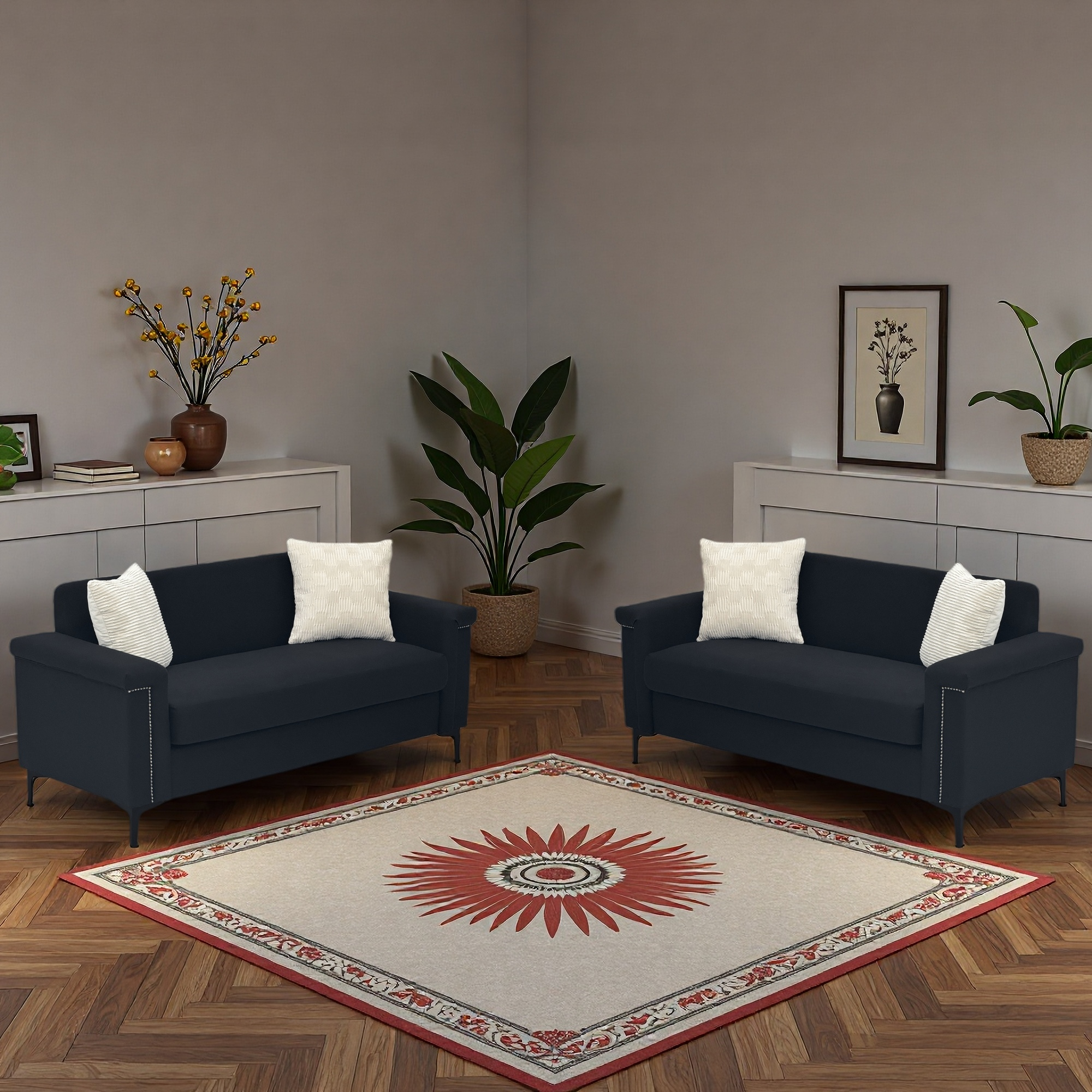 Sofa Set 2-Piece 172cm Space-Saving Metal Legs - Black Fabric