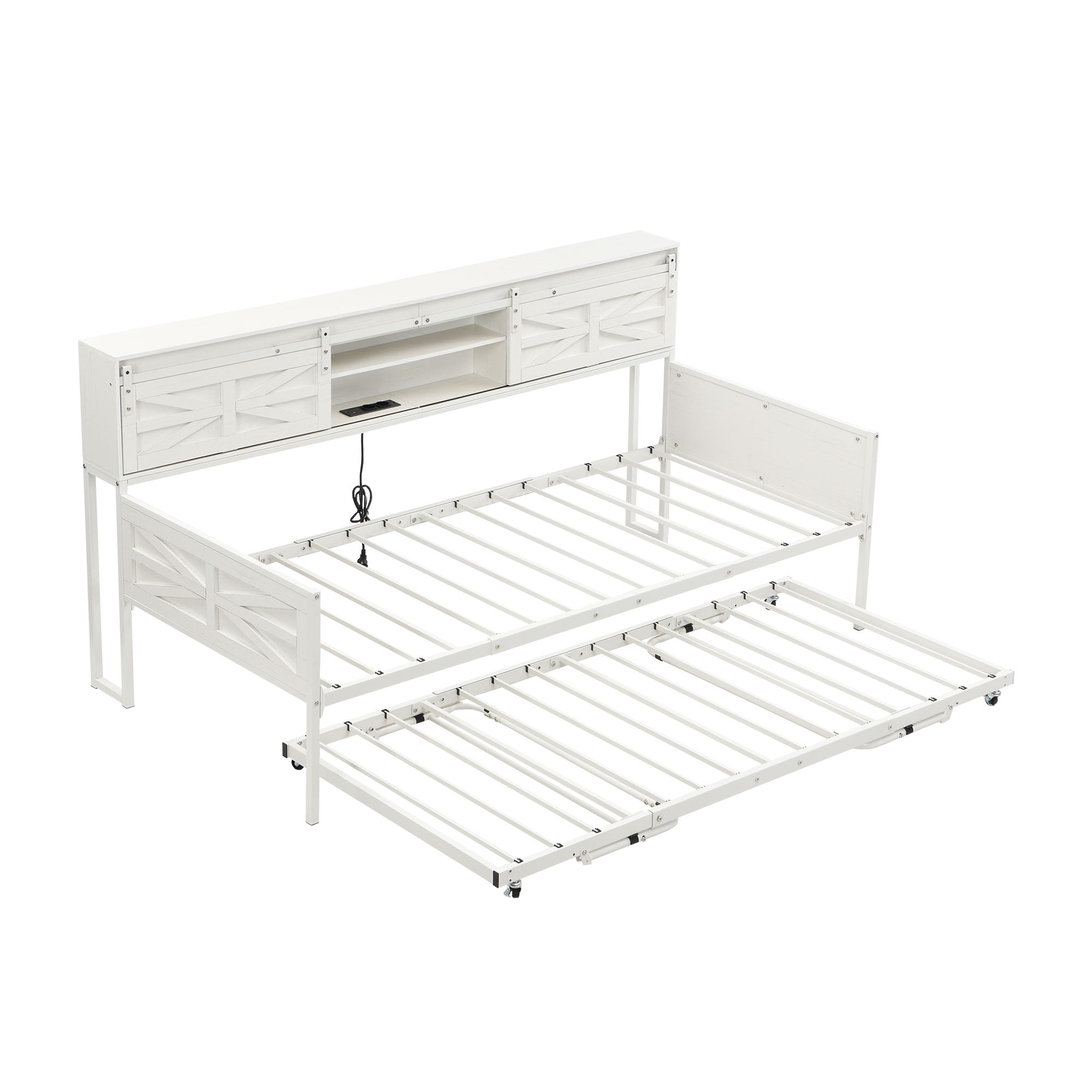 Multifunctional Iron Daybed with Storage Shelves and Pull-out Bed, White/Black Metal