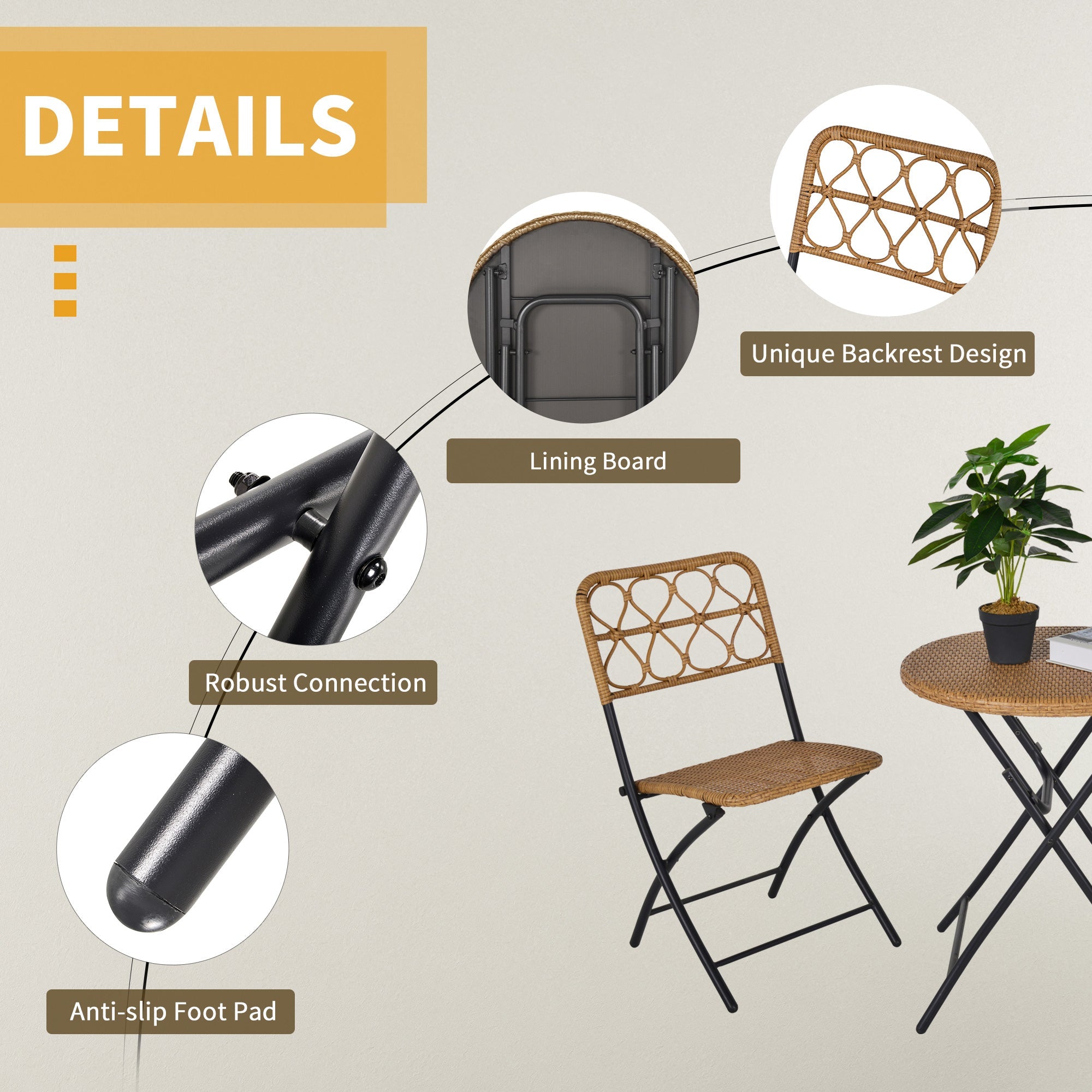 3 pcs Bistro Set, Foldable Rattan Wicker Coffee Table & Chairs, Natural