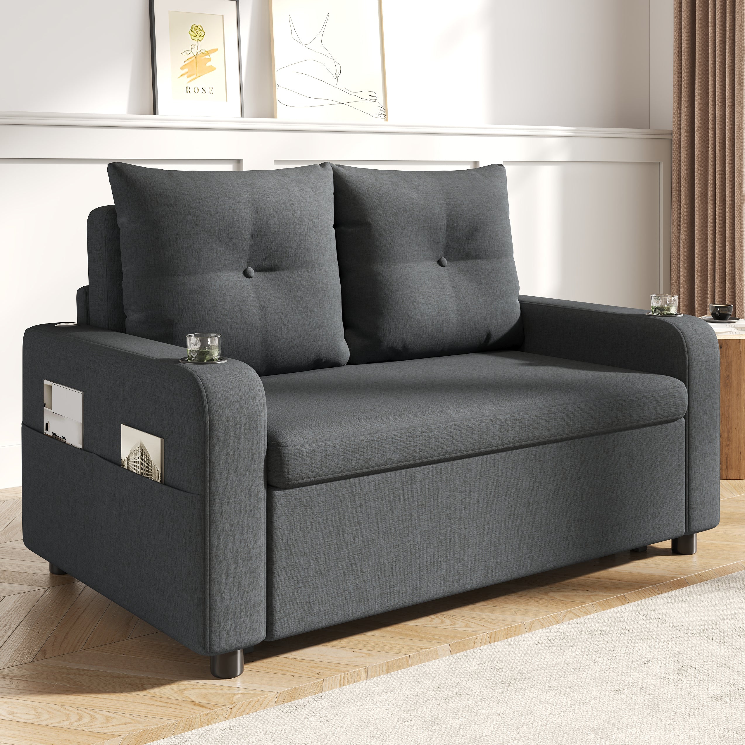 3-in-1 Sleeper Sofa with Pull-Out Bed, Cup Holder, USB Port and Side Pockets, Grey