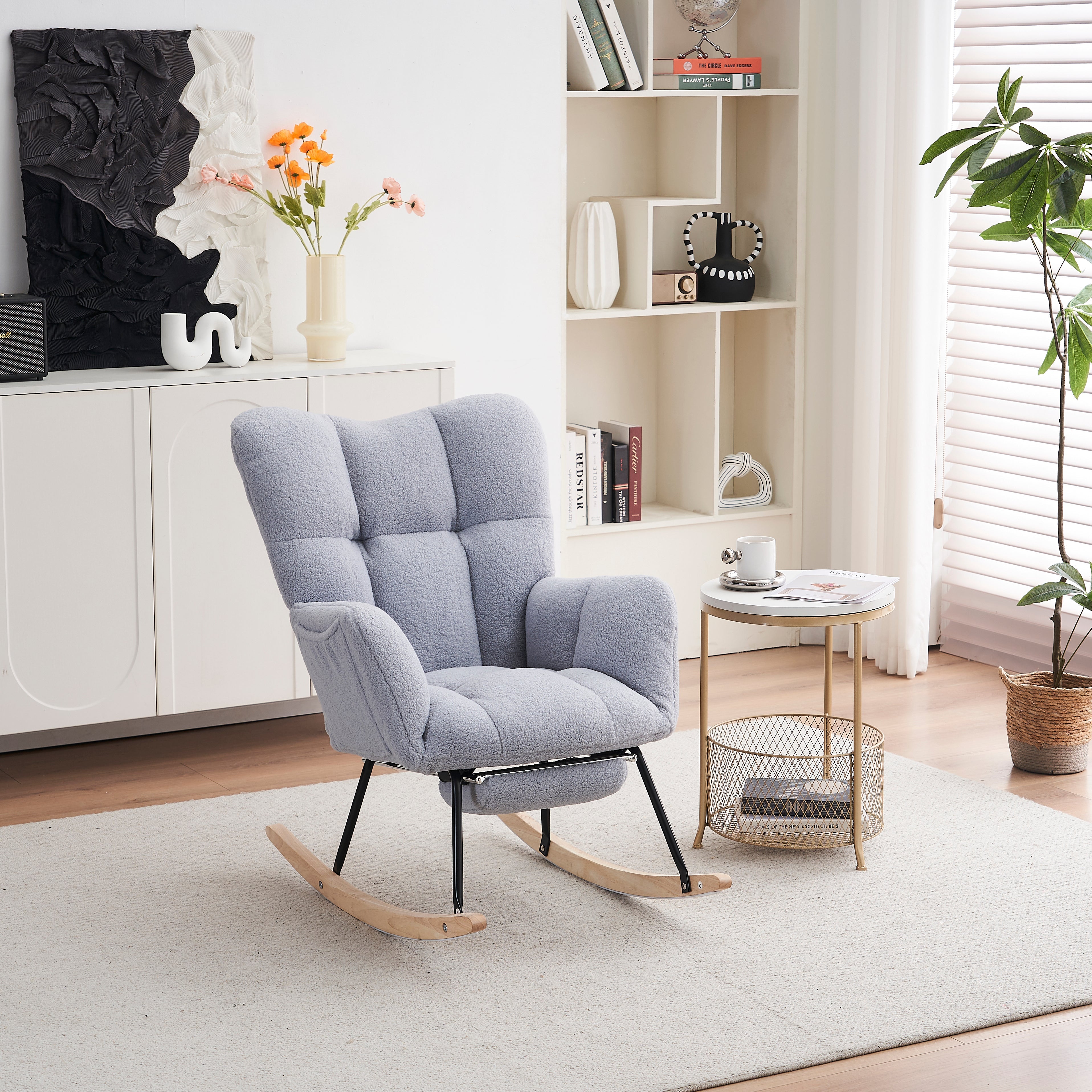 009B Rocking Chair Modern Extendable Footrest, Teddy Fabric Grey