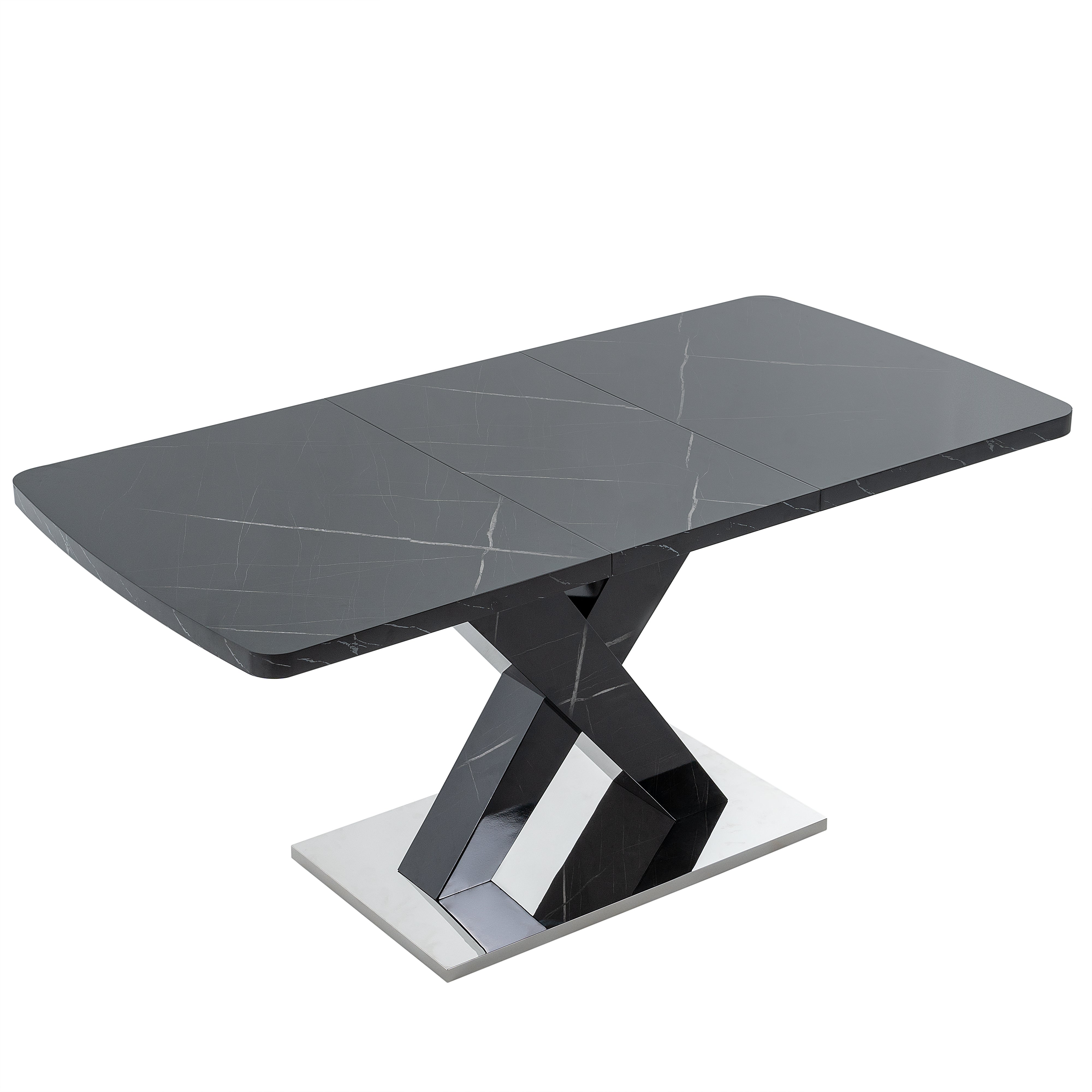 Dining Table 120-160CM Modern Stretchable Rectangle Marble Top, Black MDF/Metal