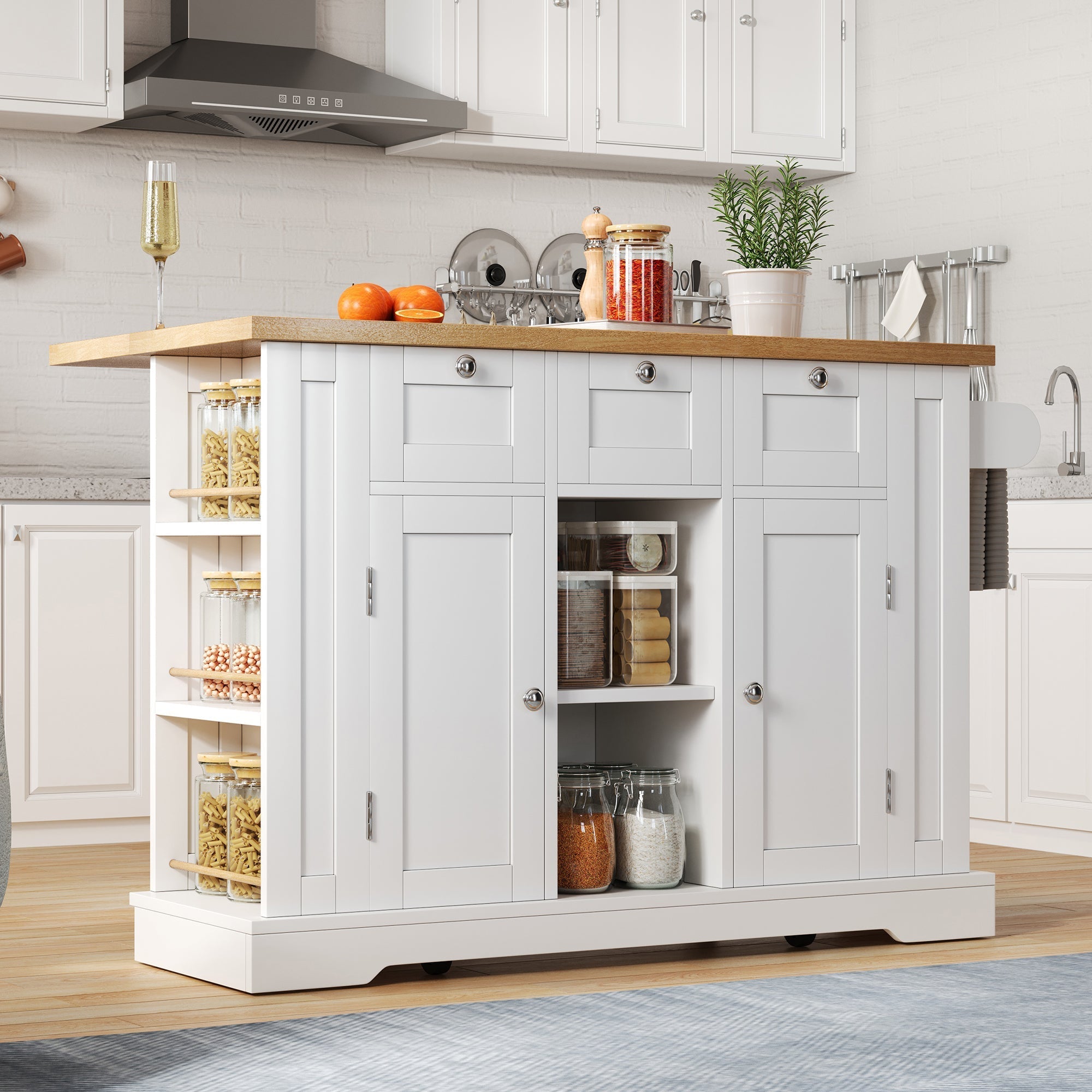 Mobile Kitchen Table 132cm Folding Worktop Multifunctional Cabinet 5 Wheels Integrated Socket