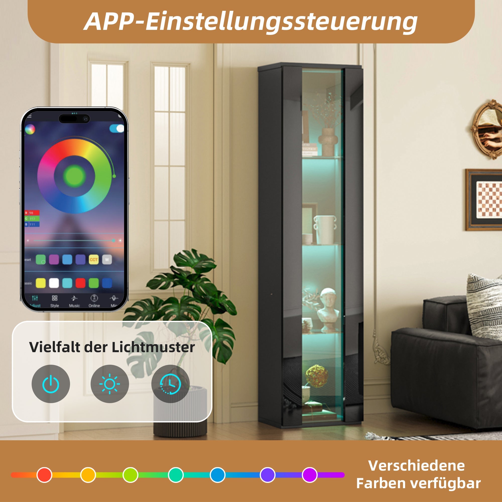 Display Case 40x29x170cm LED Light App Control Glass Partition - Black