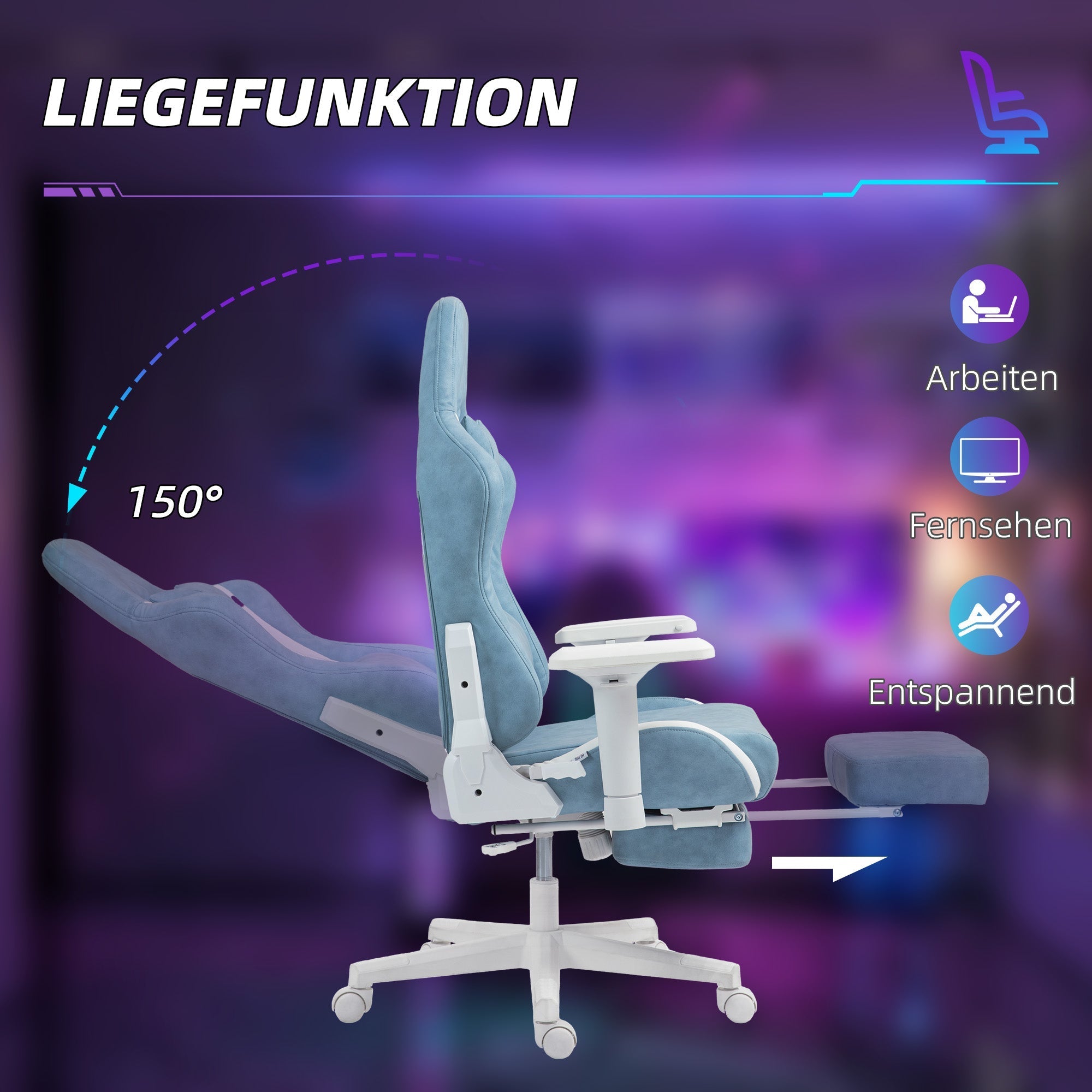 Gaming-Stuhl mit Liegefunktion, ergonomisch, Kunstleder Blau