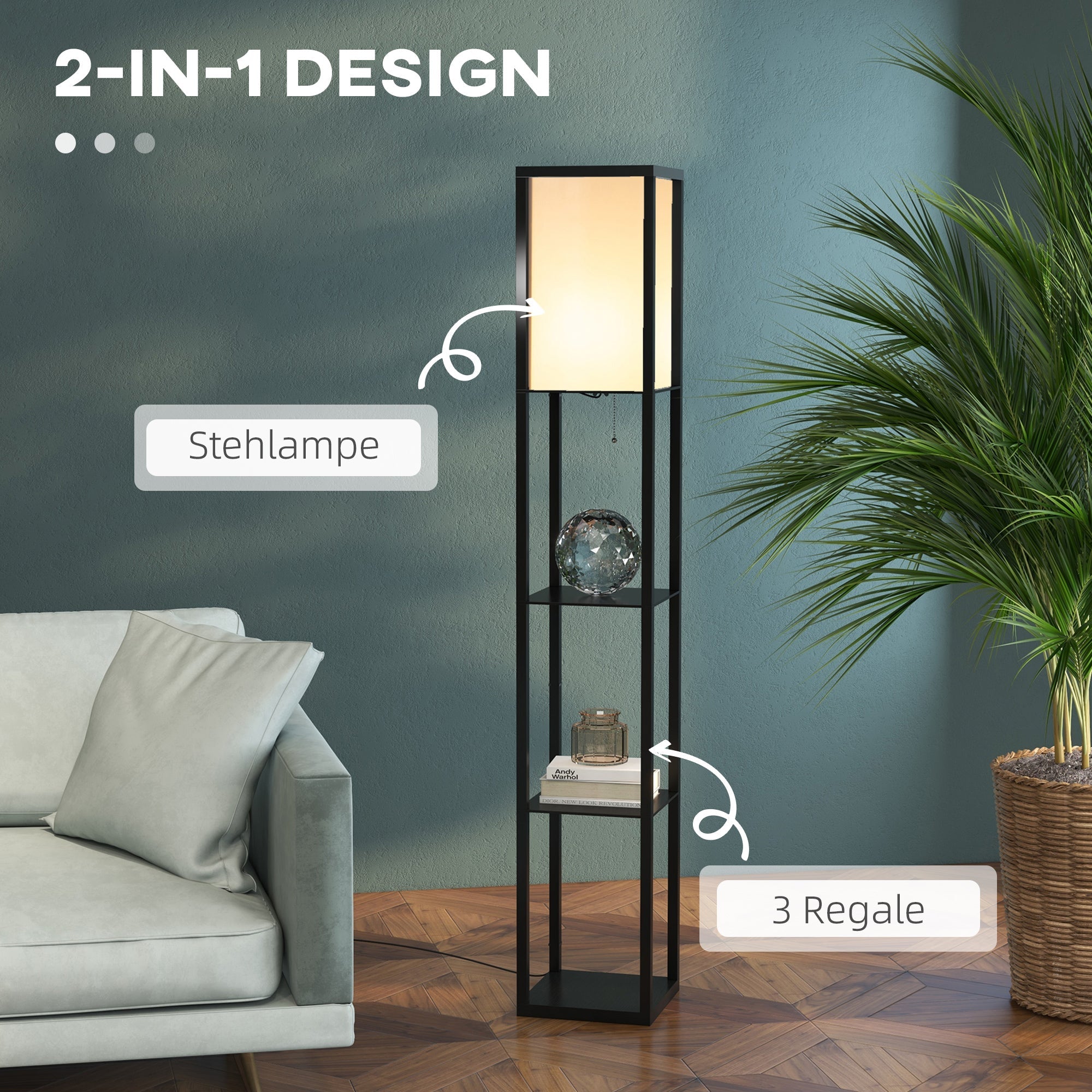 Floor Lamp with Shelves, E27 40W, Wood in Black