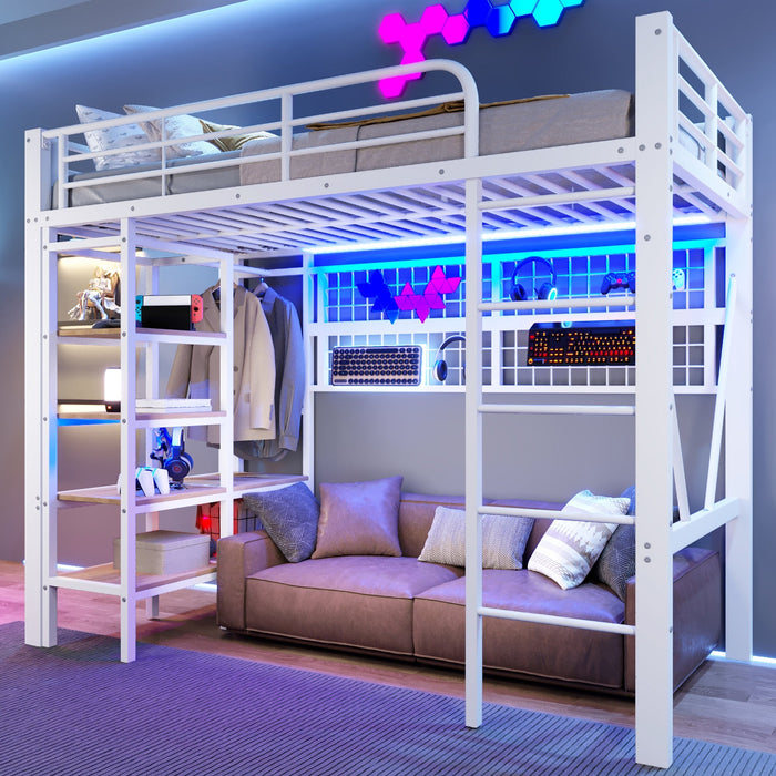 Loft Bed with Storage Compartment, LED Light Strip and Clothes Rail, White Iron Frame