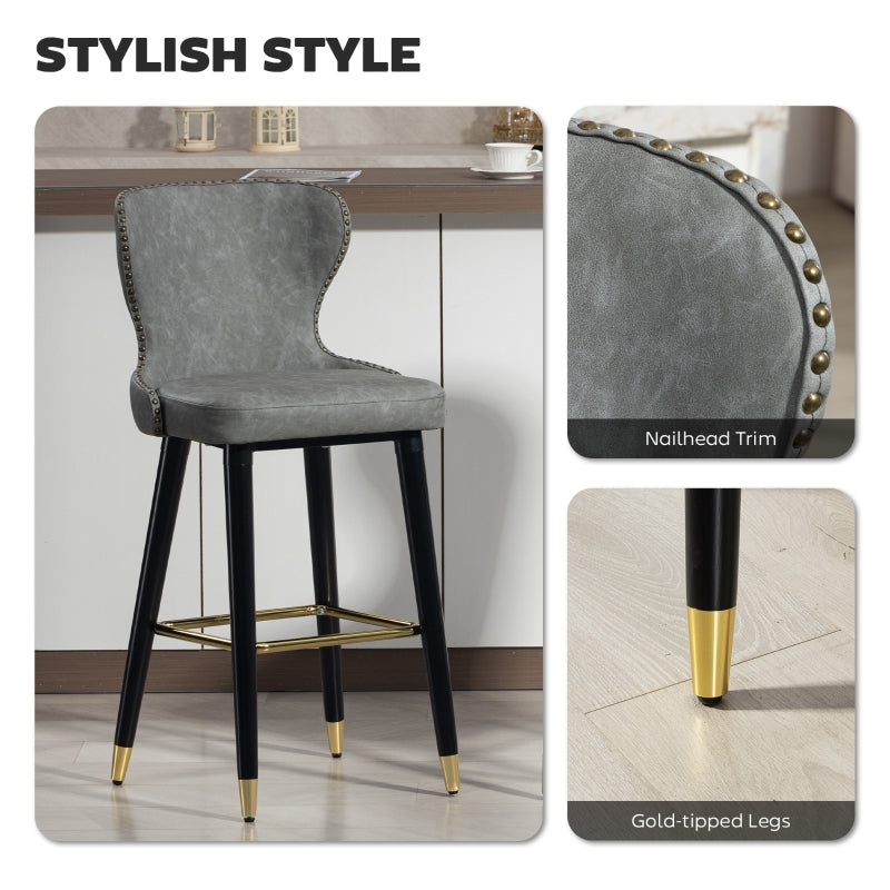 Bar Stools Set of 2 with Back, Footrest and Wood Legs for Kitchen Counter, PU Leather Grey