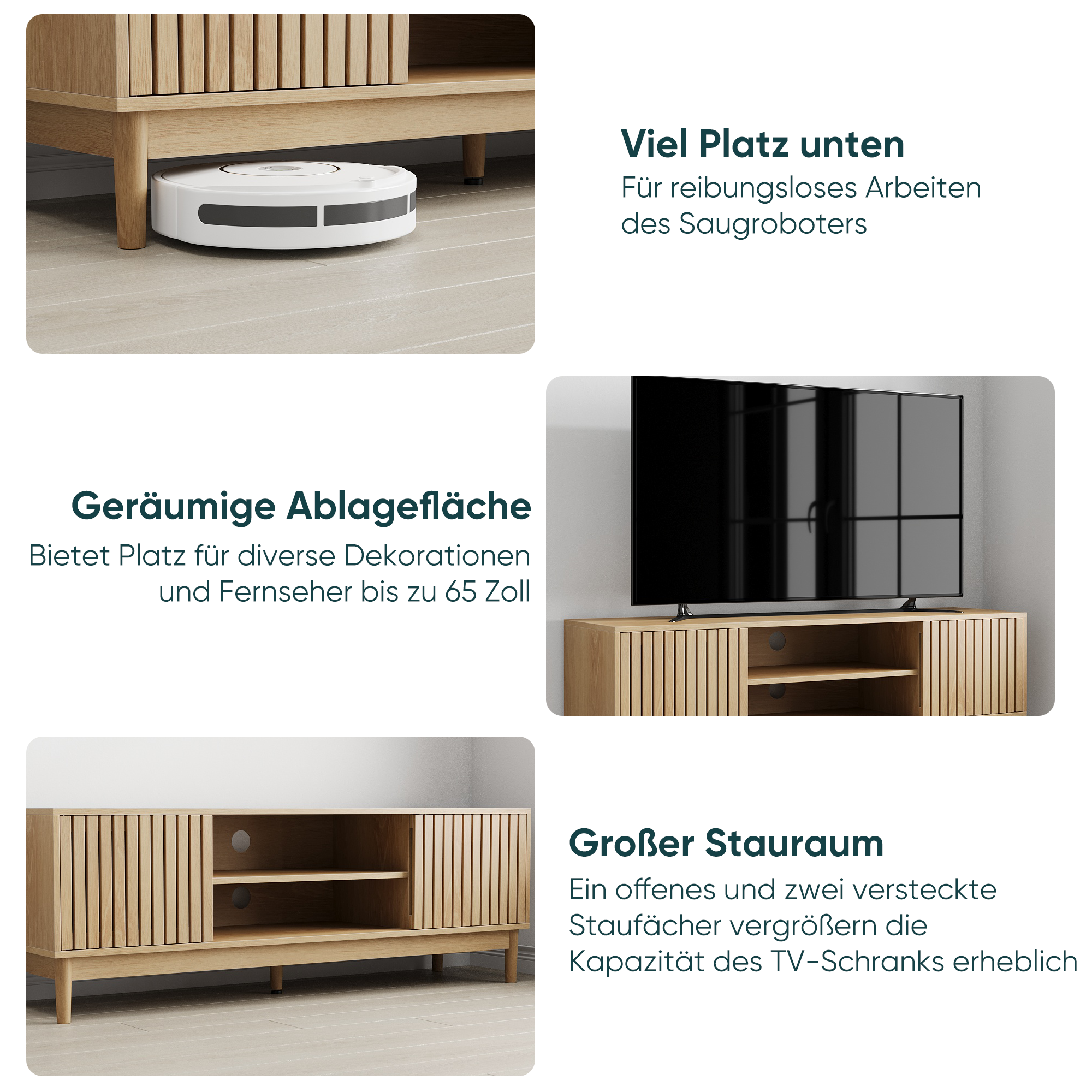 Mid-Century Modern TV Stand for 55/65 Inch TVs with Storage, 140cm High Media Console, Oak Color