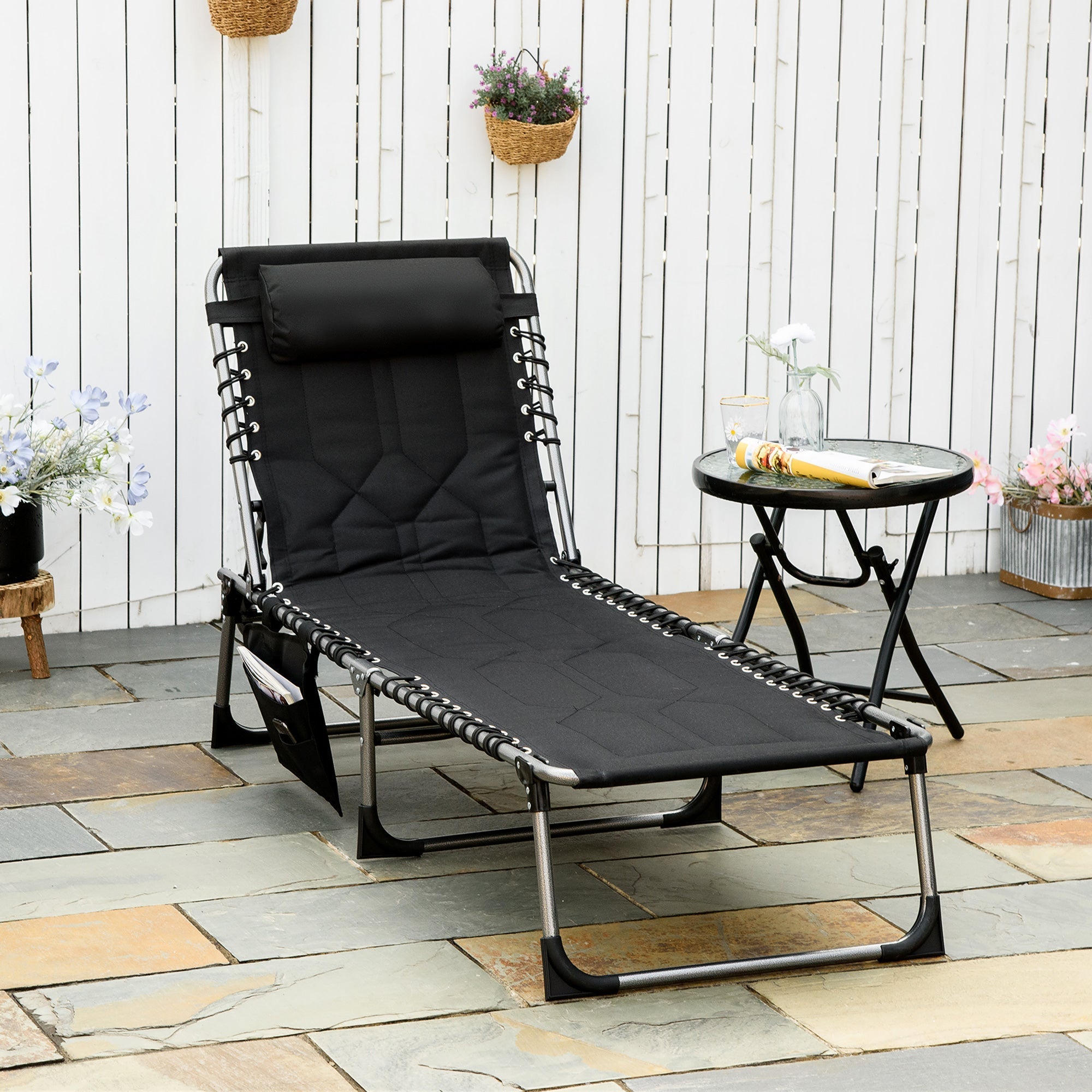 Foldable Sun Lounger with Cushion, 5-Position Adjustable Backrest, Steel Frame, Oxford Fabric Black