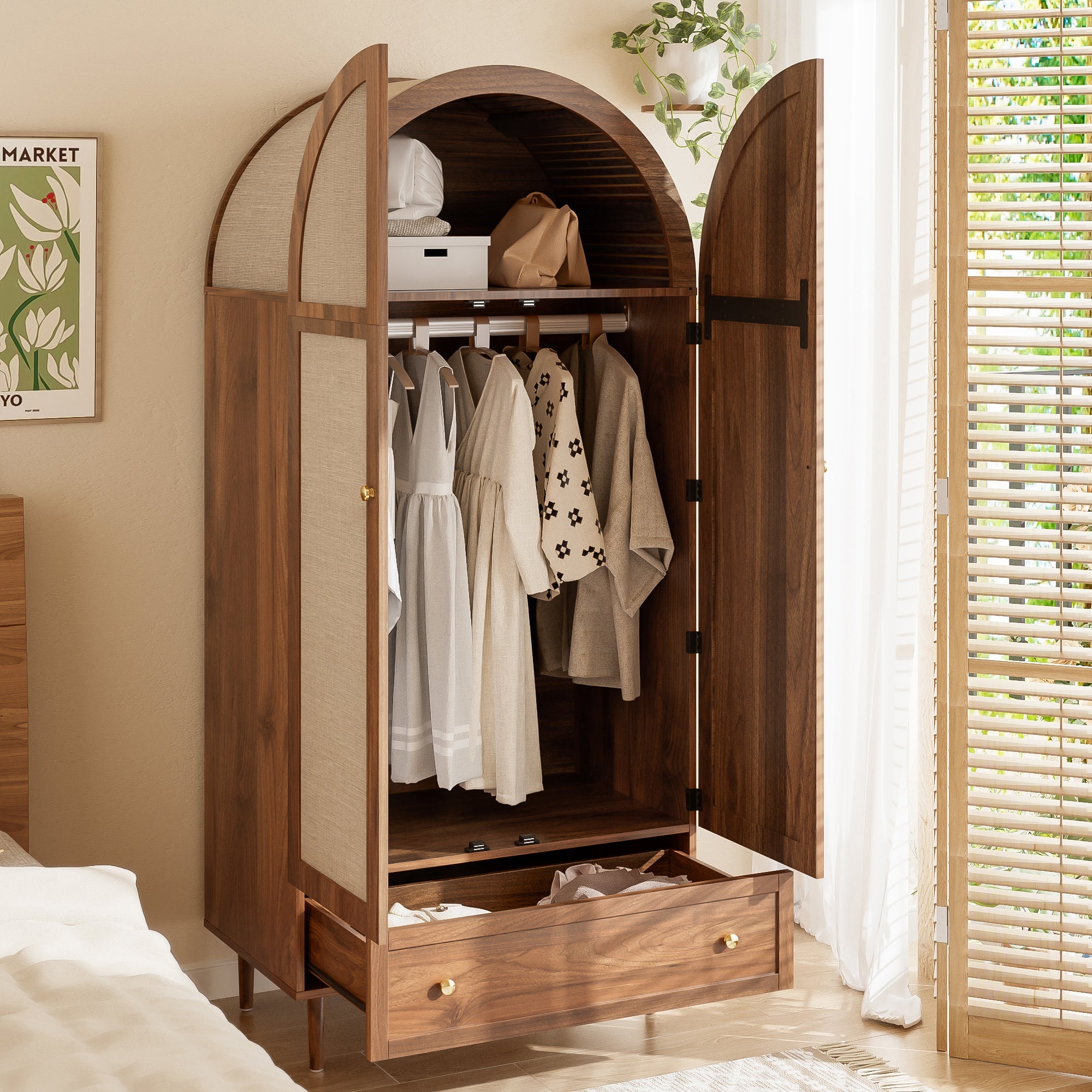 Wardrobe with Drawers Linen Fabric Wooden Doors