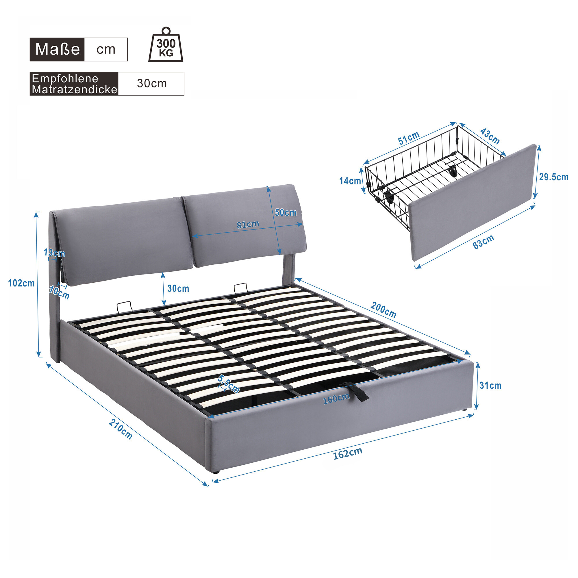 Upholstered Bed with Hydraulic Storage and Three Drawers, 160x200cm, Grey Velvet