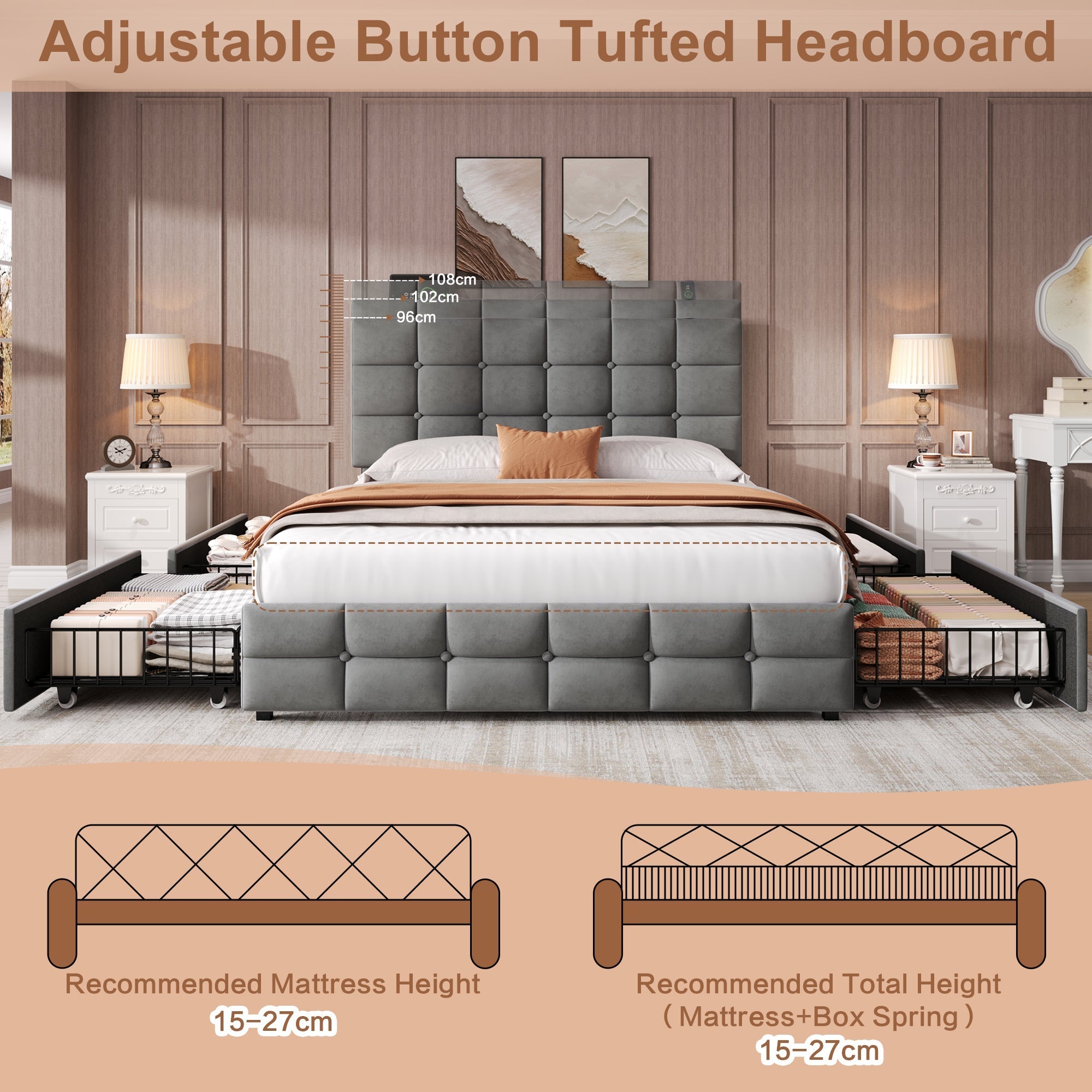 4ft6 Double Upholstered Bed with 4 Storage Drawers, Adjustable Tufted Headboard & Charging Station, Grey Velvet
