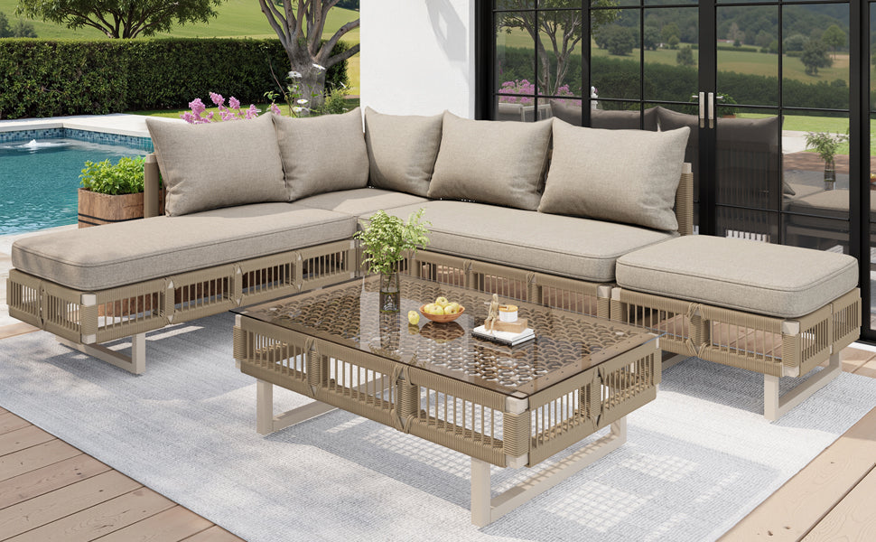 Modular Garden Furniture Set with 10cm Thick Cushions and Glass Coffee Table, Rope Weave, Beige/Green