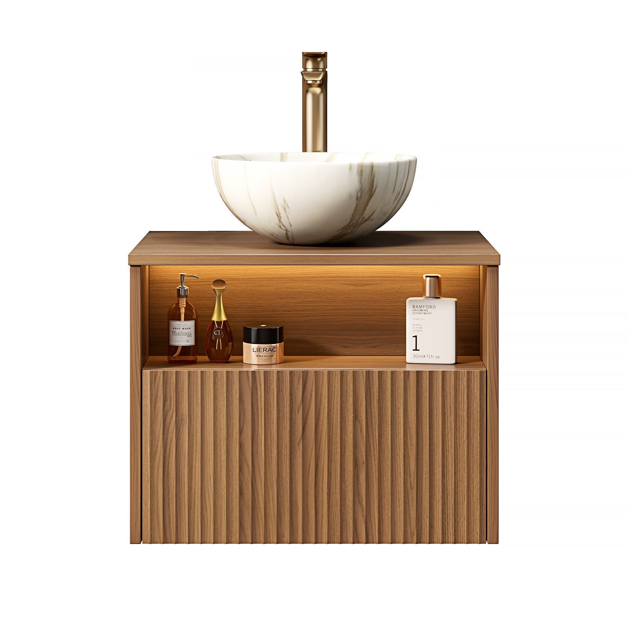 Floating Bathroom Sink with 60cm Ceramic Bowl and Sensor Light, Espresso Wood Grain