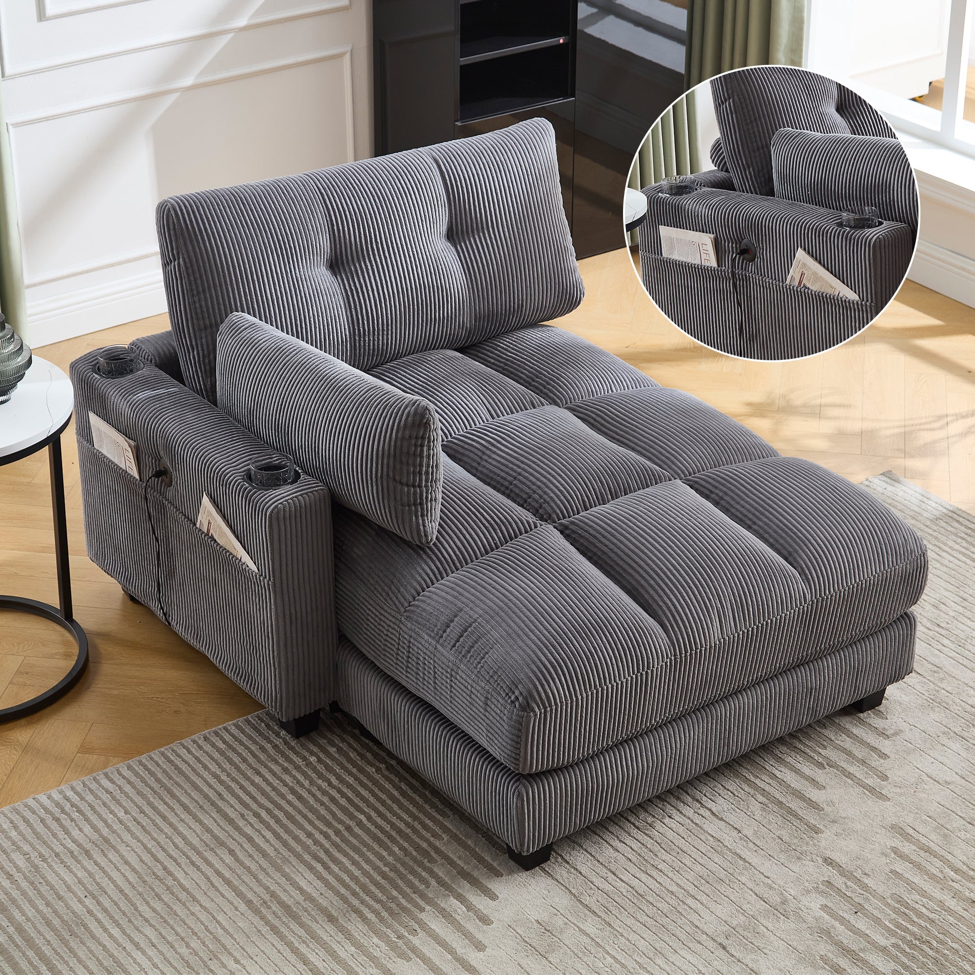 Palm Chair, Fluffy Upholstery, Rolling Cushions, Cup Holders, Side Pocket, Gray