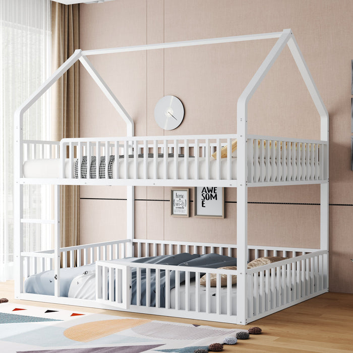 Children's Bunk Bed 140*200, Double Bed with Stairs & Loft Design, White Metal