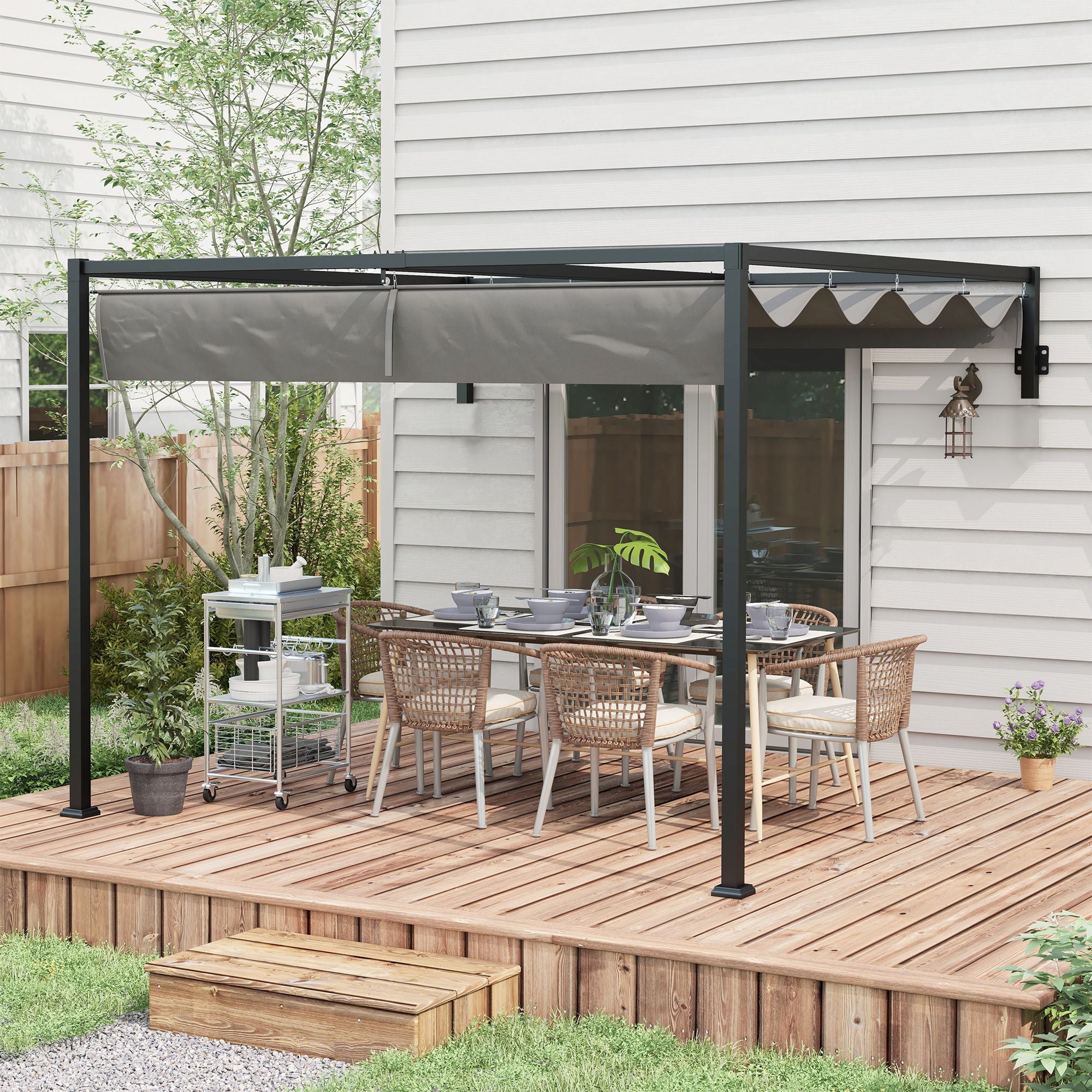 Lean To Steel Pergola, 3 x 4m with Moving Fabric Canopy - Dark Grey