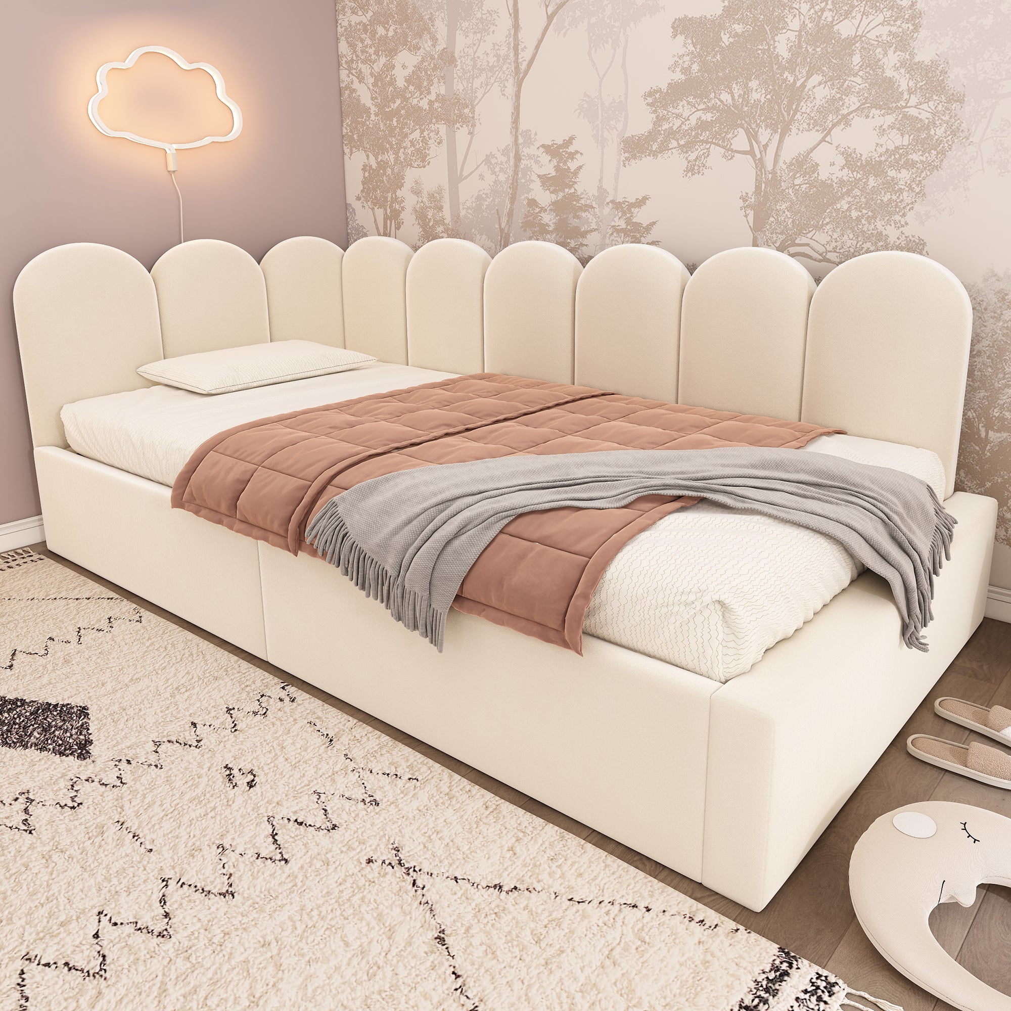 Upholstered Daybed Sofa Bed 90x200cm Hydraulic Storage Velvet Beige
