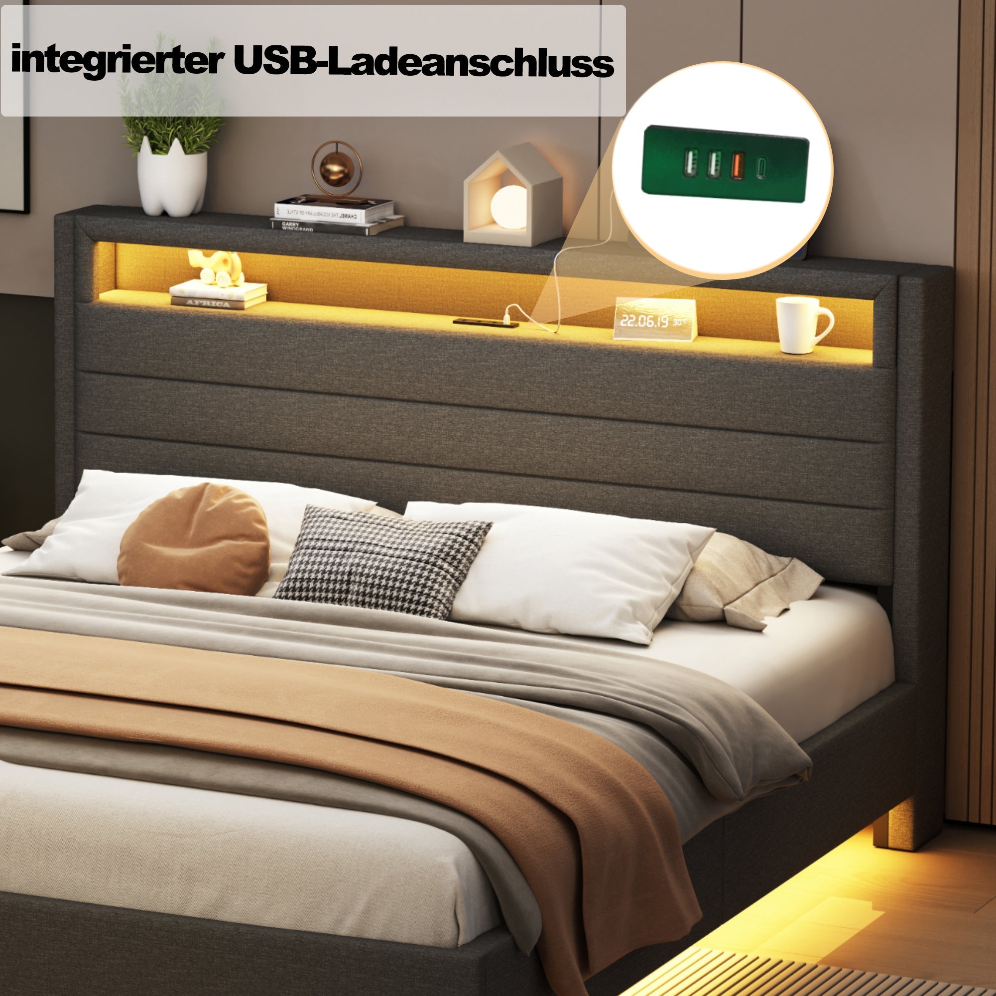 Upholstered Bed 140x200cm, USB & LED, Reversible Headboard, Linen Fabric Grey