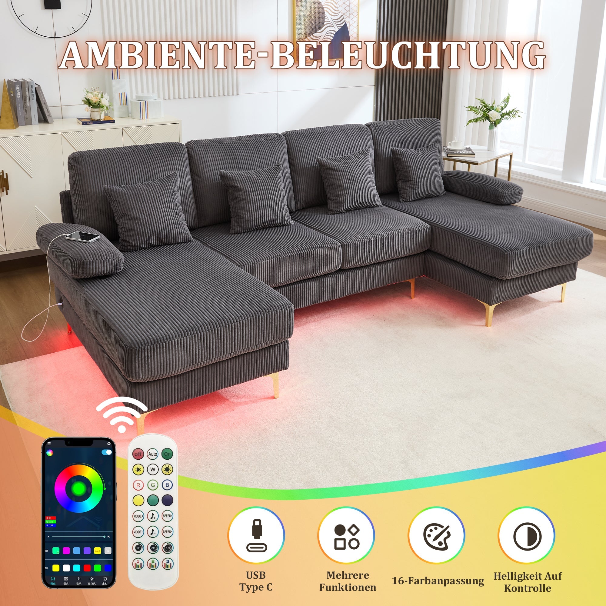 U-Shaped Sofa, LED Ambient Lighting & USB-C Port, Solid Wood Frame, Grey