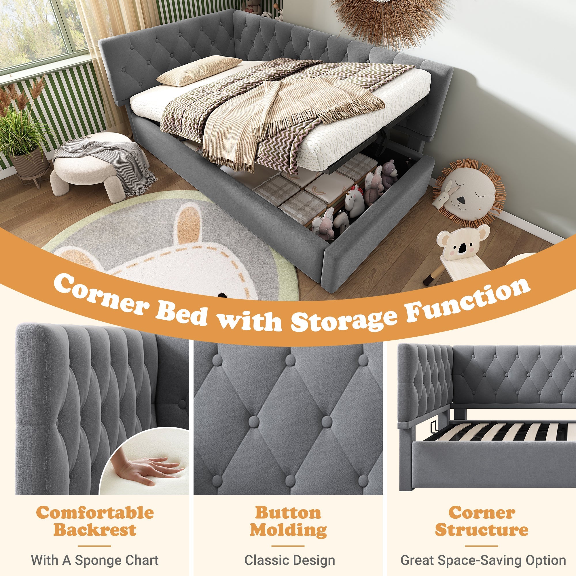 Daybed Upholstered Bed with Storage, 3FT Single Sofa Bed, Hydraulic Storage, Metal Slatted Frame, Velvet, Grey