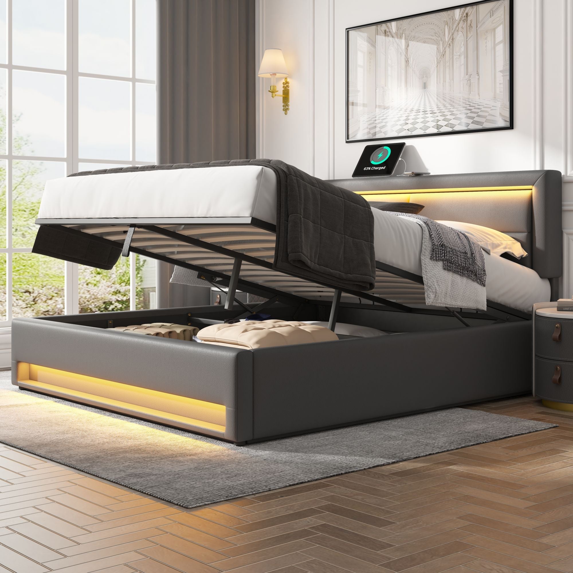 Upholstered Bed with Wireless Charging, USB Port, LED Lighting and Storage, 160x200cm, Grey PU Lychee Pattern