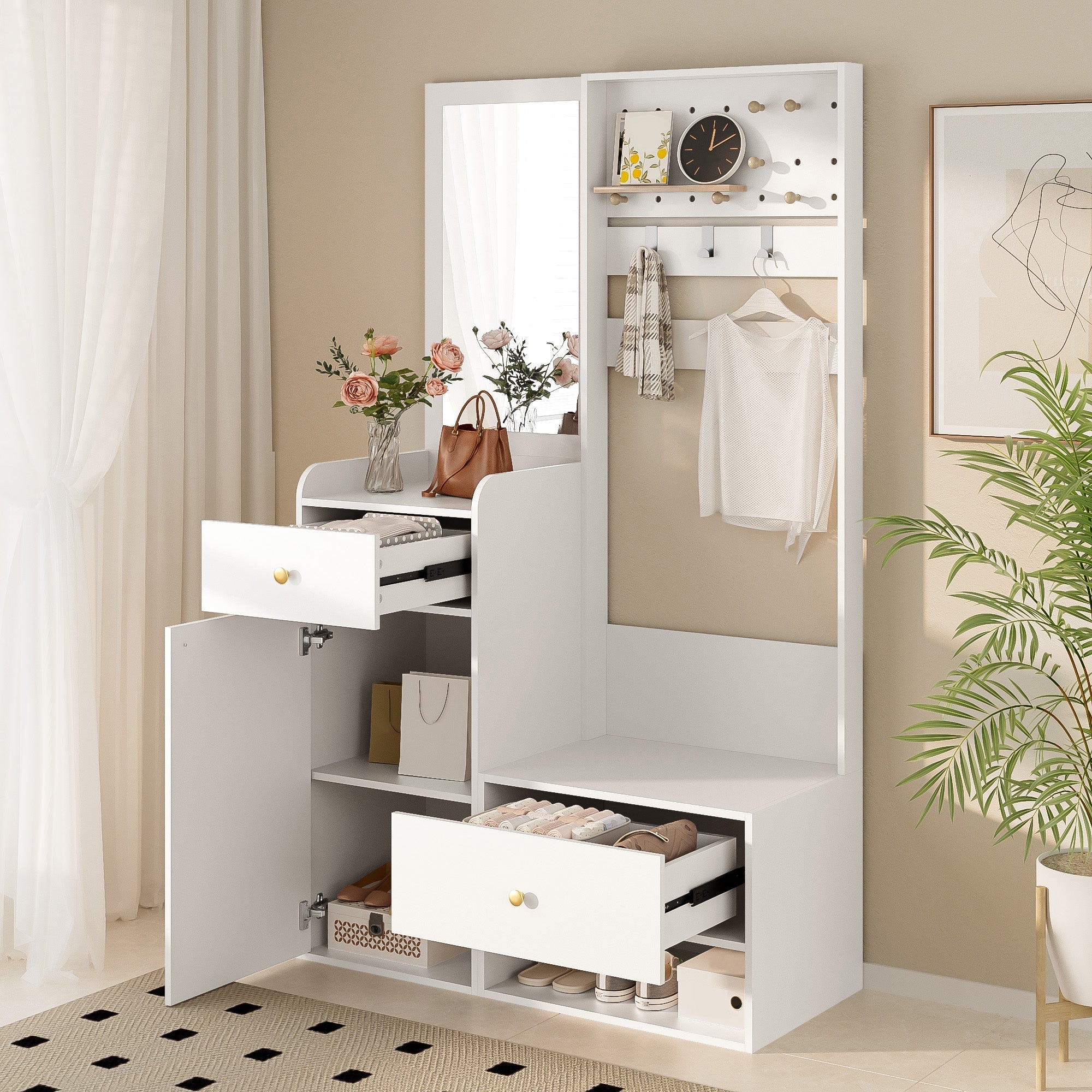 Compact Wardrobe, Entryway Shelf with Mirror, Adjustable Hooks, Shelves, 105 cm, White
