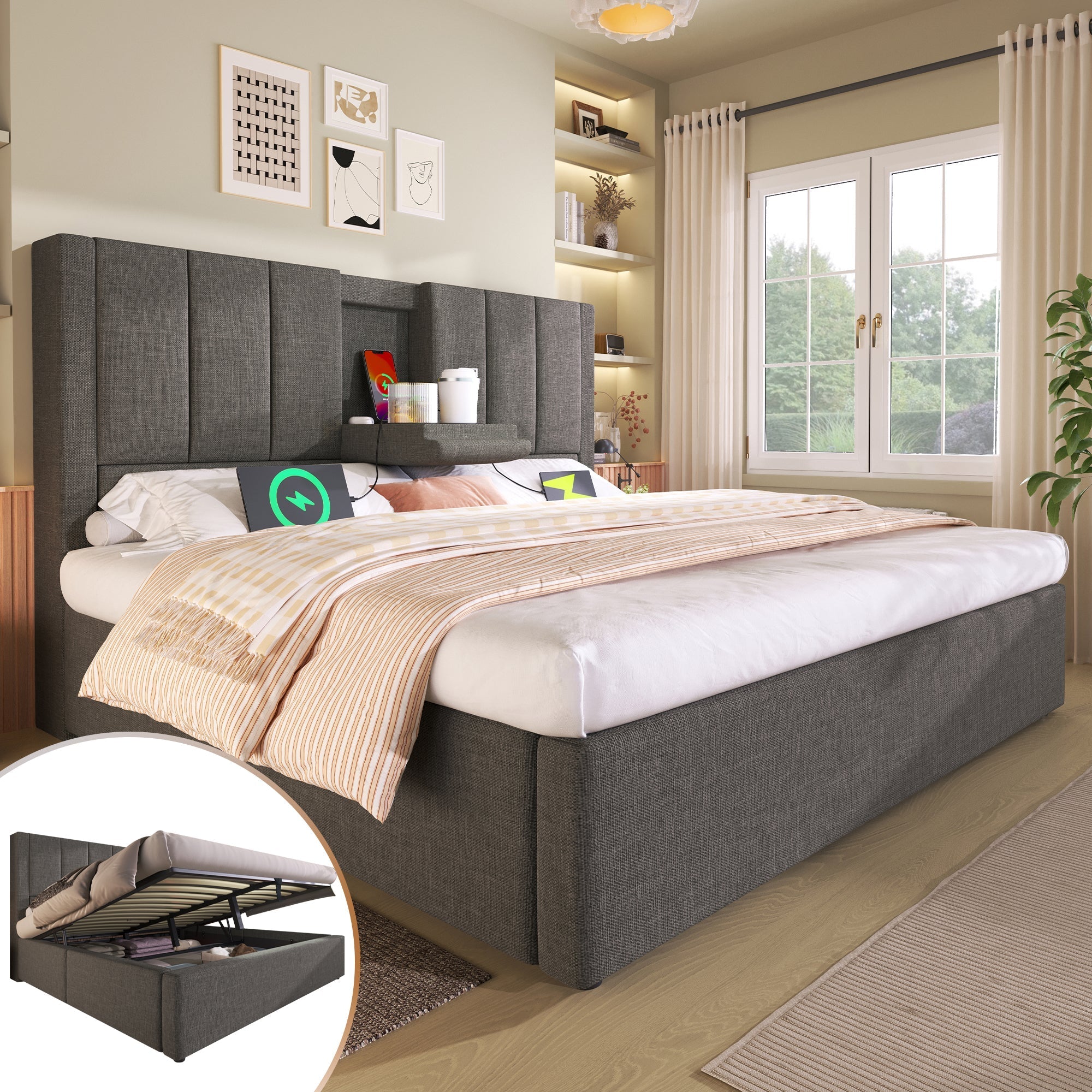 Upholstered Bed 140x200cm Hydraulic Storage with Charging Station and Cup Holder Linen Grey