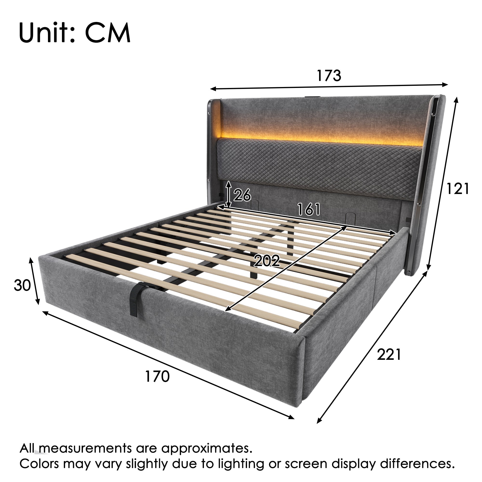 Modern Hydraulic Bed 160x200cm, High Headboard, LED, Storage, USB/Type-C - Linen Look Grey