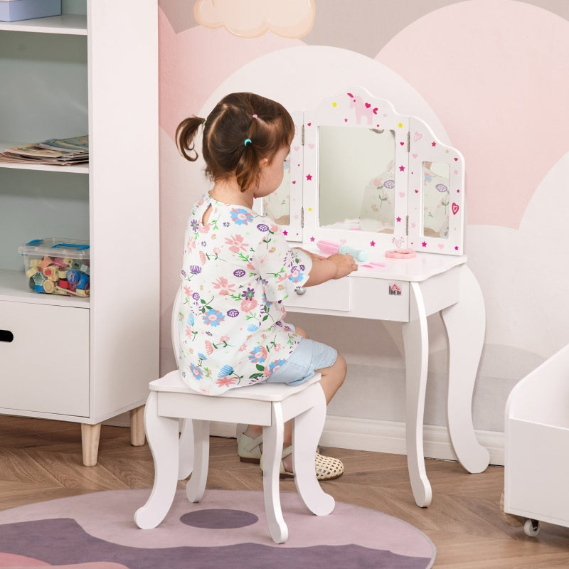 Kids Vanity Table and Chair Set, Tri-Folding Mirror Stool Drawer, White