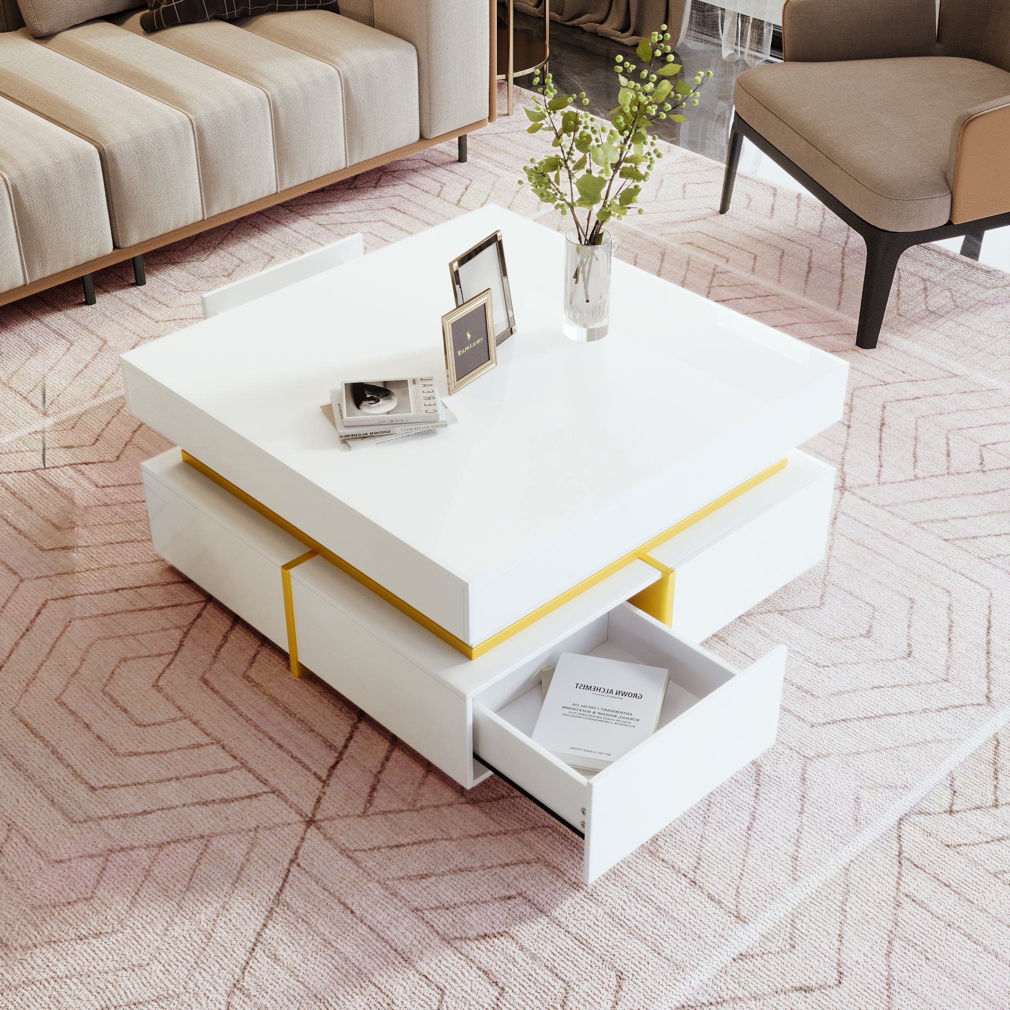Coffee Table, High-Gloss, Drawers and Gold Accents