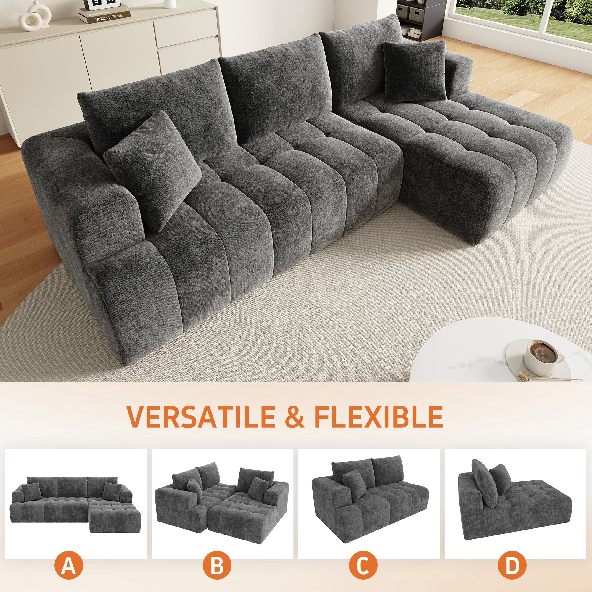Modular L-shaped Corner Cloud Sofa, Frameless Low-Profile Design, Gray Chenille Fabric