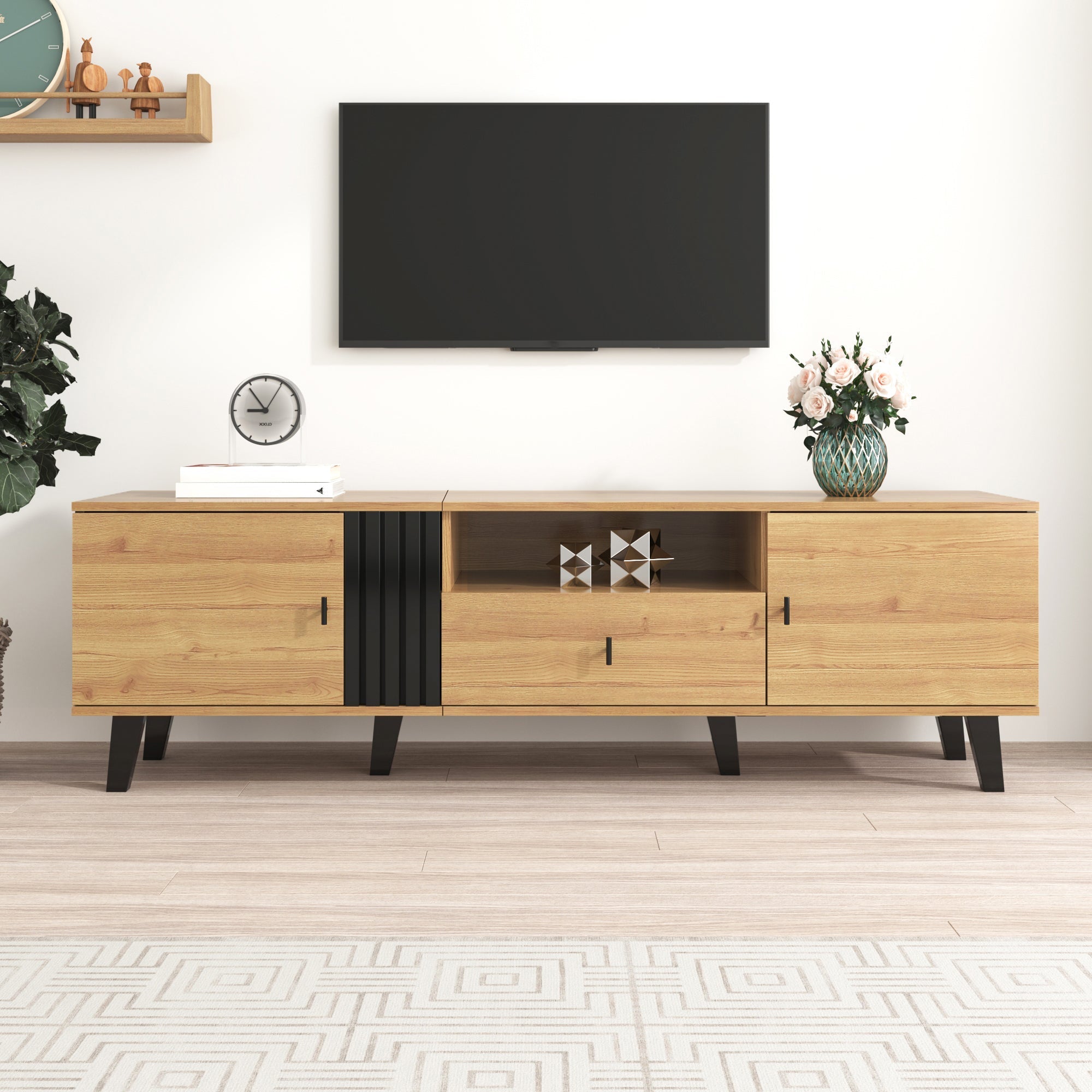 Stylish Elegance TV Cabinet, 170 cm Lowboard with Drawers, Wood and Black